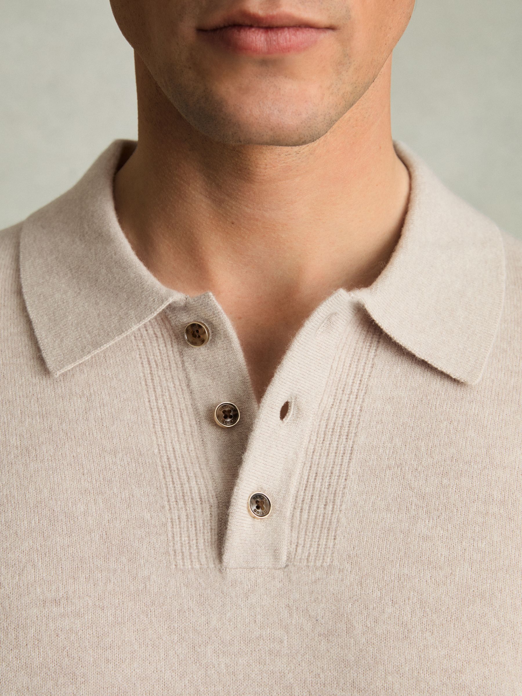 Wool Textured Long Sleeve Polo Shirt in Oatmeal - Image 4 of 7