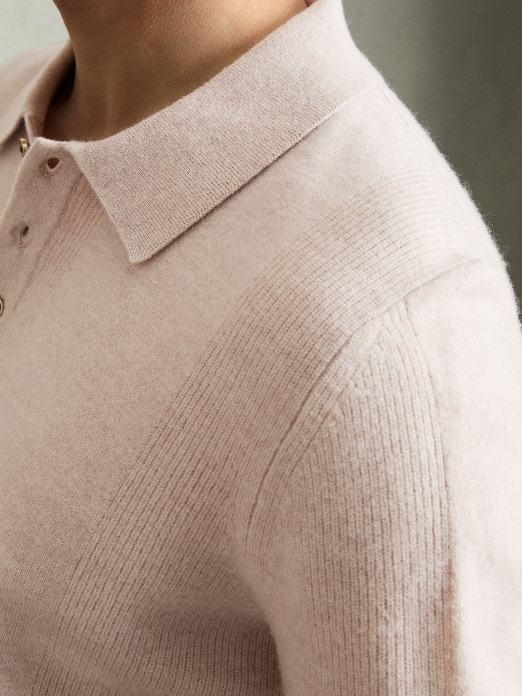 Wool Textured Long Sleeve Polo Shirt in Oatmeal - Image 5 of 7