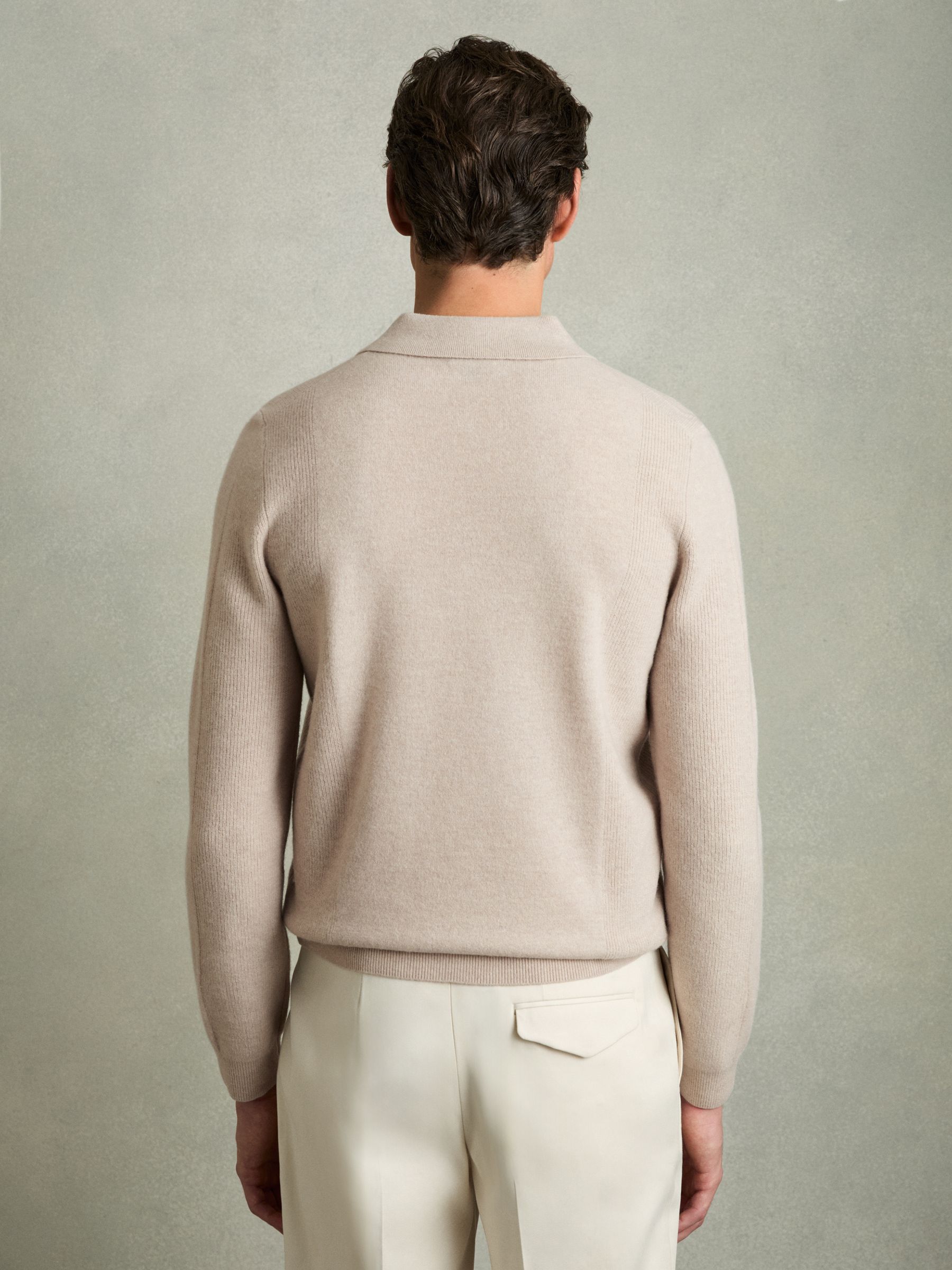 Wool Textured Long Sleeve Polo Shirt in Oatmeal - Image 6 of 7
