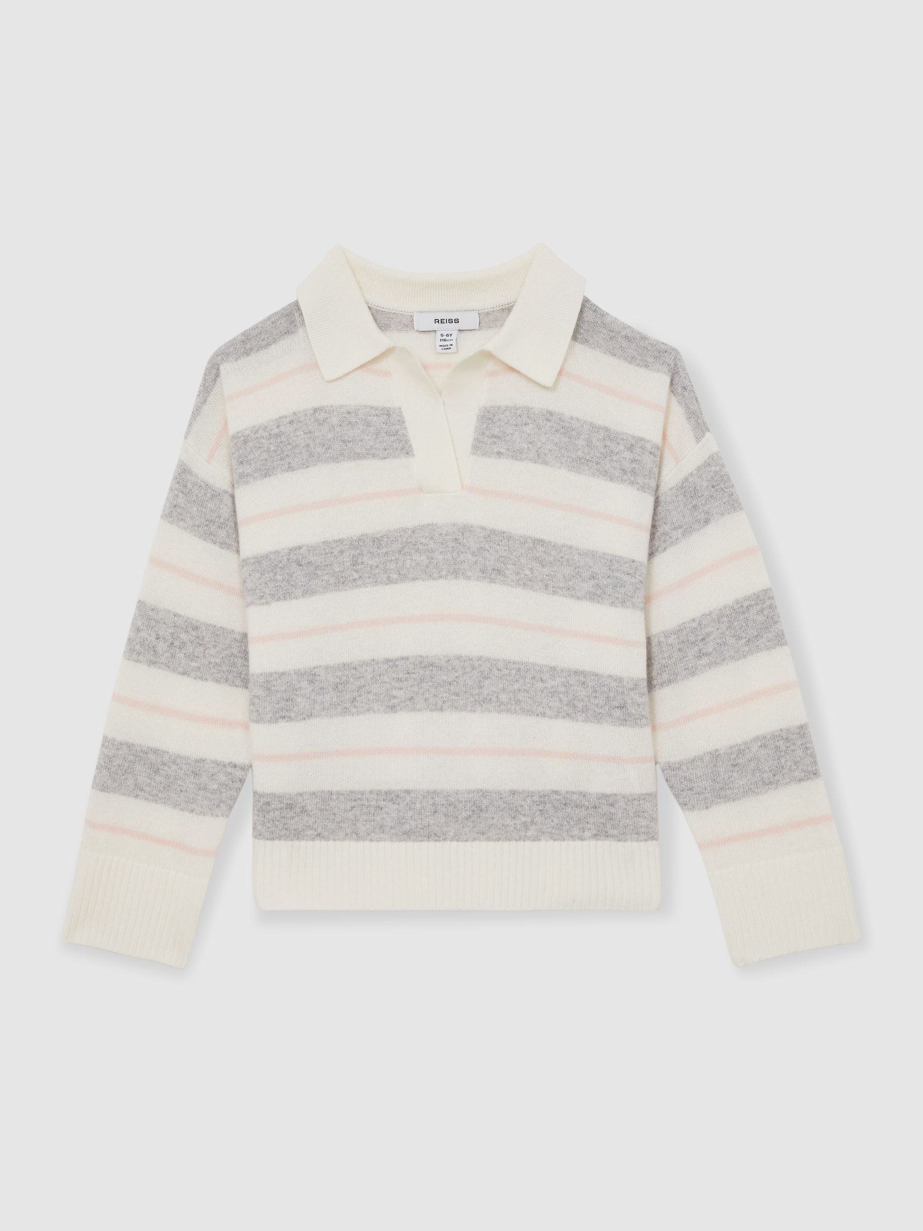 9-13 yrs Wool-Blend Striped Collared Jumper With Cashmere in Grey - Image 2 of 4