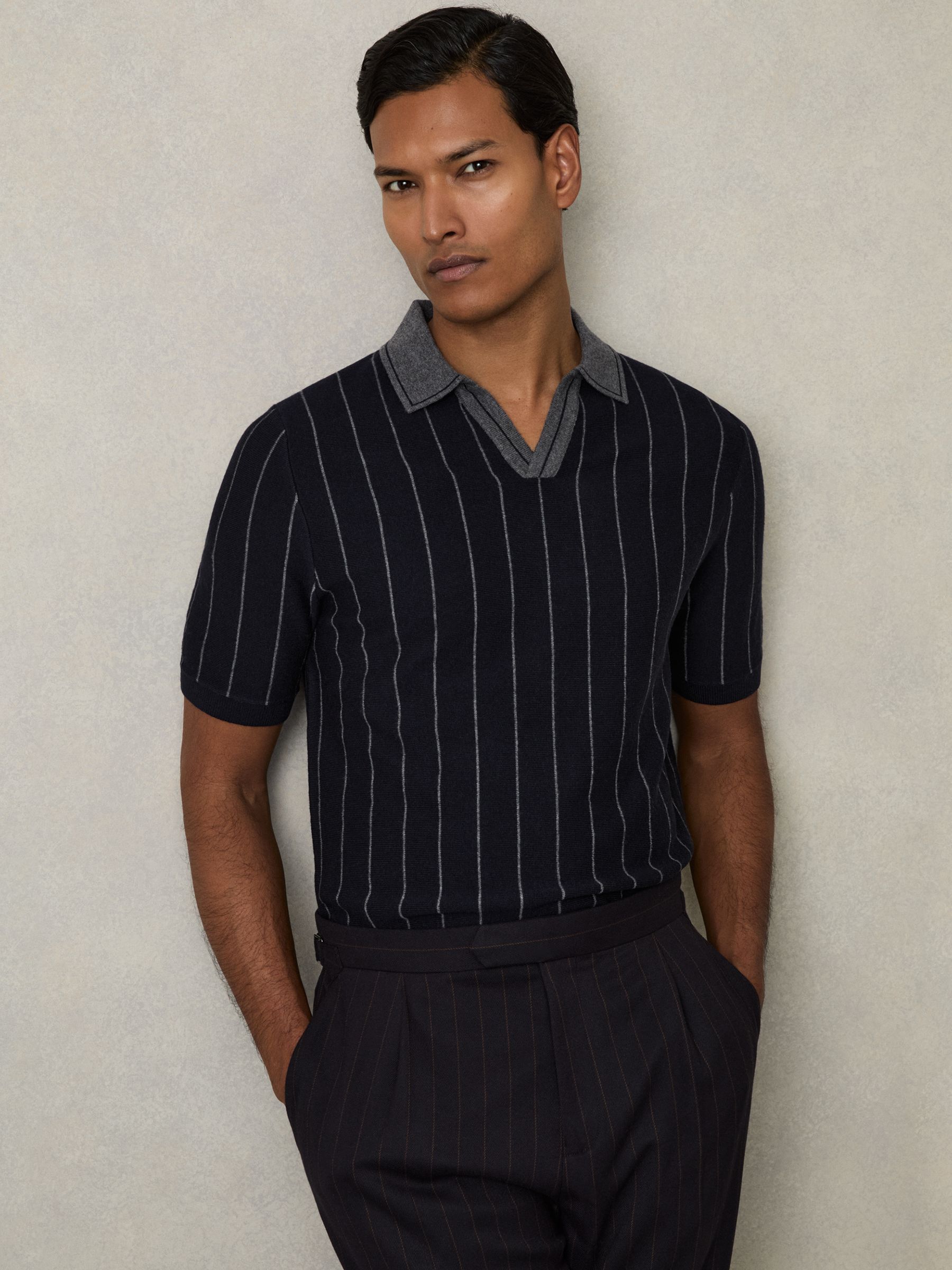 Wool Open-Collar Striped Polo Shirt in Navy - Image 1 of 6