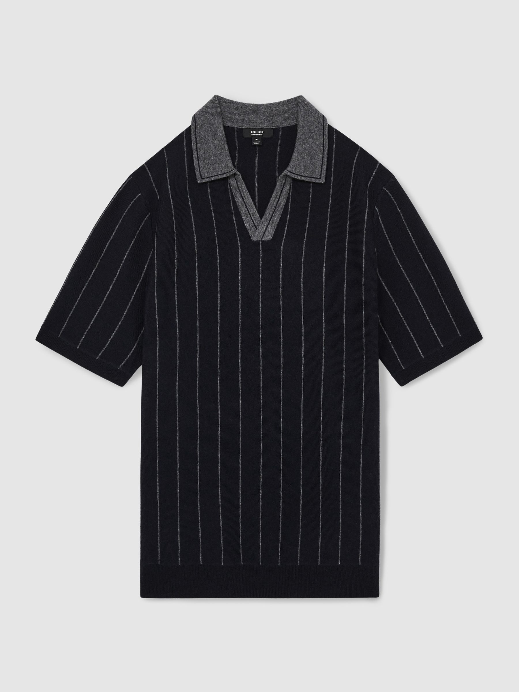 Wool Open-Collar Striped Polo Shirt in Navy - Image 2 of 6