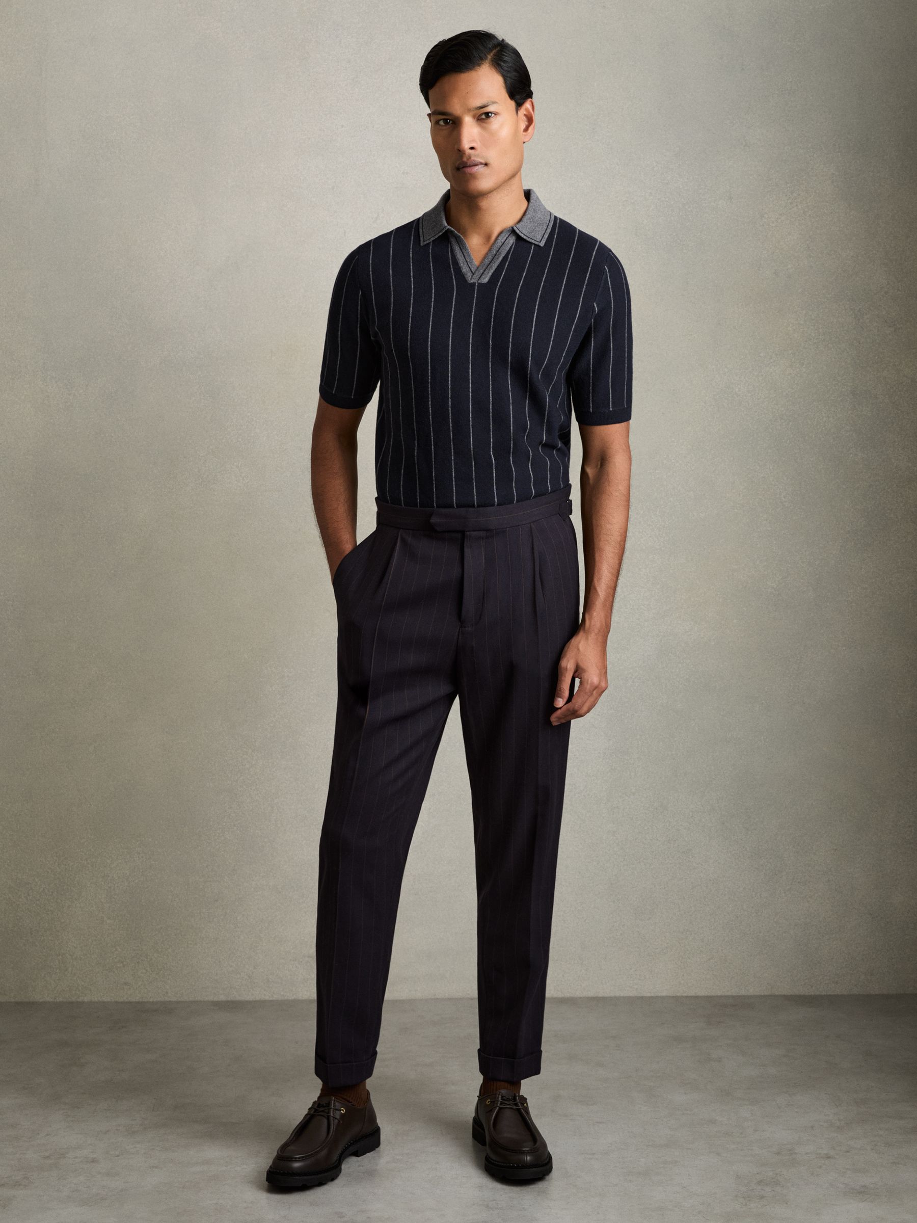 Wool Open-Collar Striped Polo Shirt in Navy - Image 3 of 6