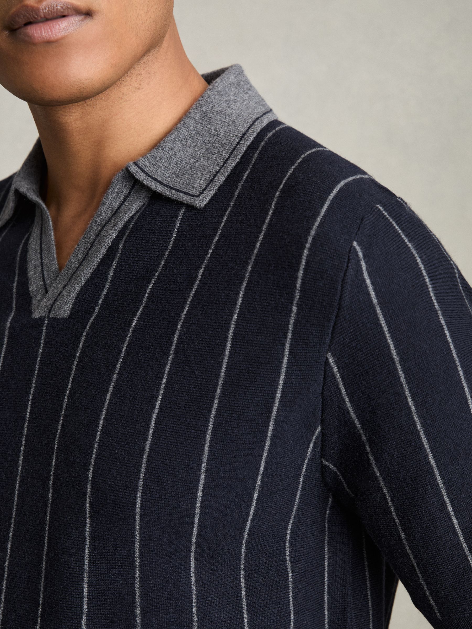 Wool Open-Collar Striped Polo Shirt in Navy - Image 4 of 6