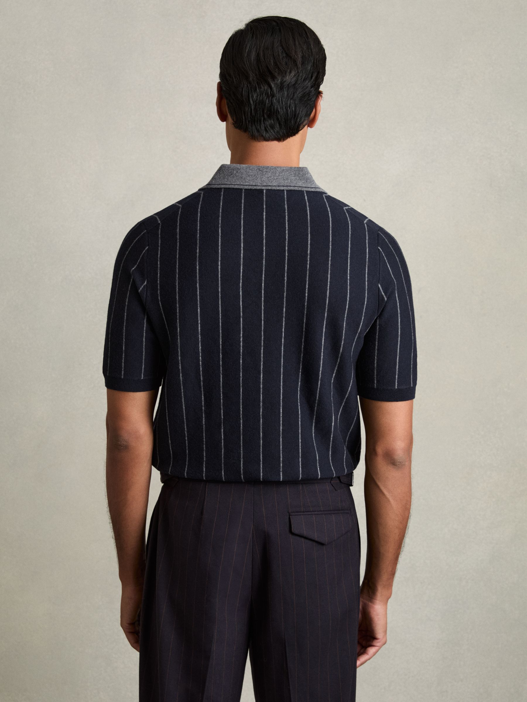 Wool Open-Collar Striped Polo Shirt in Navy - Image 5 of 6