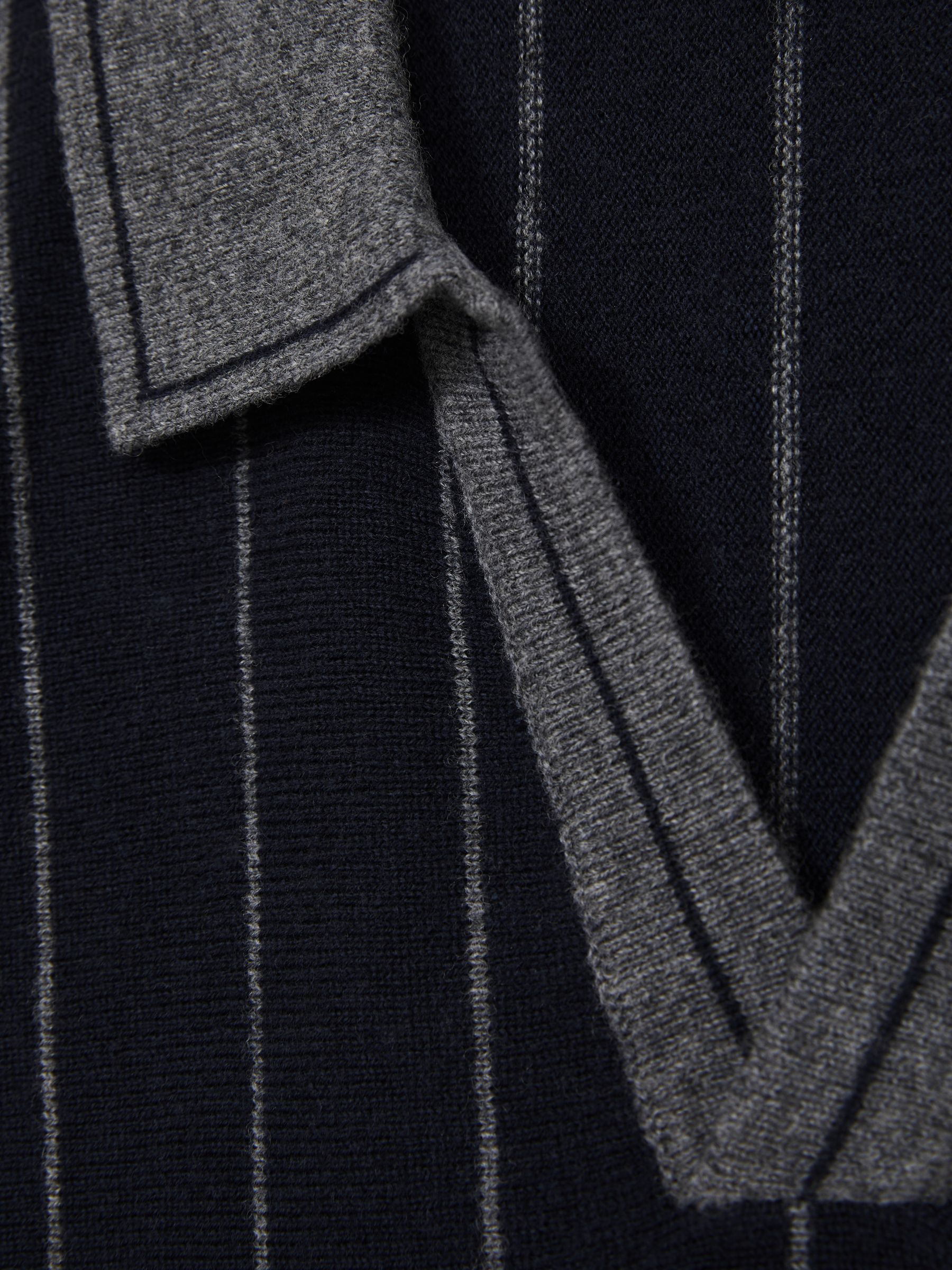 Wool Open-Collar Striped Polo Shirt in Navy - Image 6 of 6