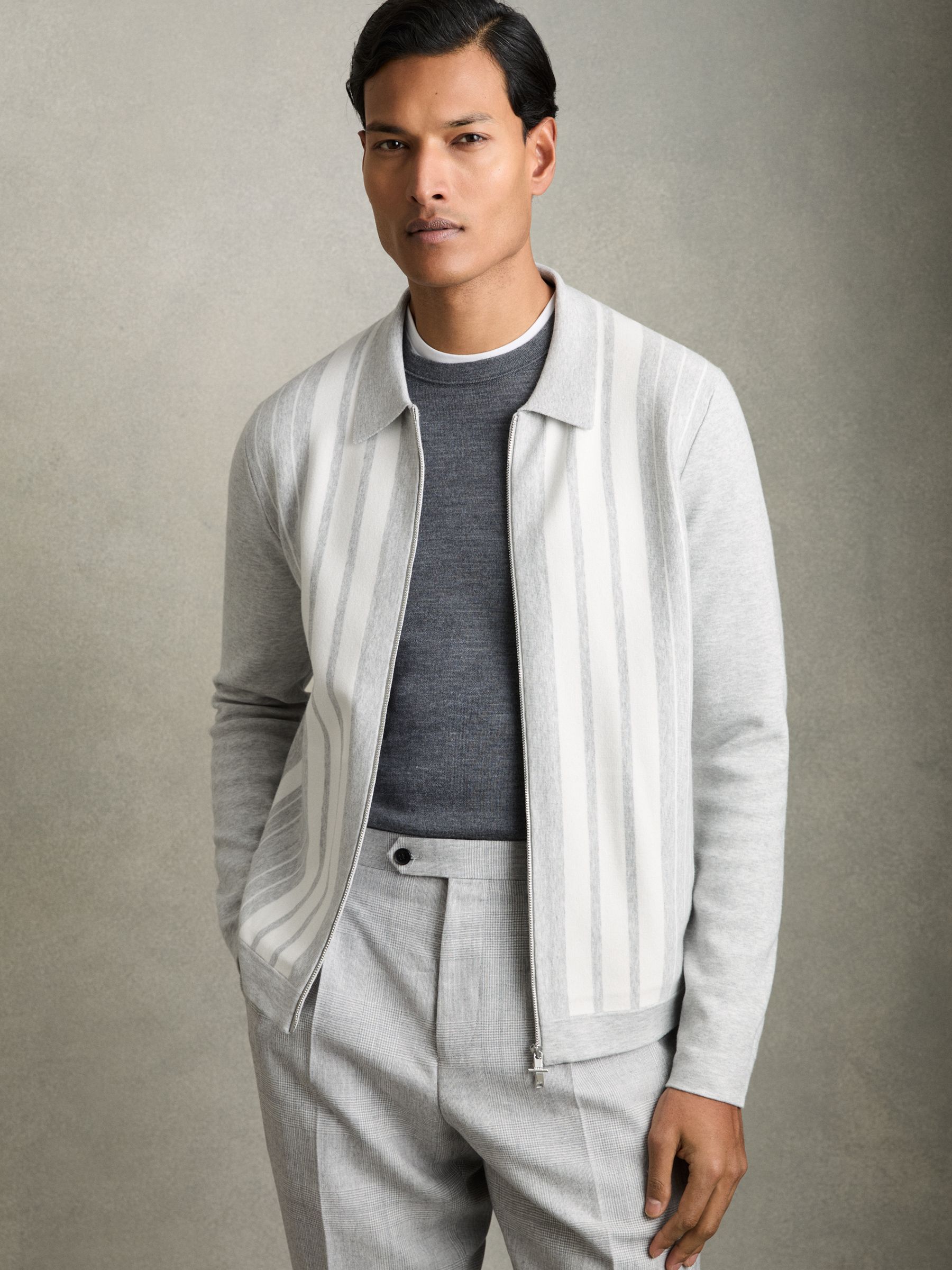 Striped Zip Through Knitted Jacket in Grey Melange/White - Image 1 of 6