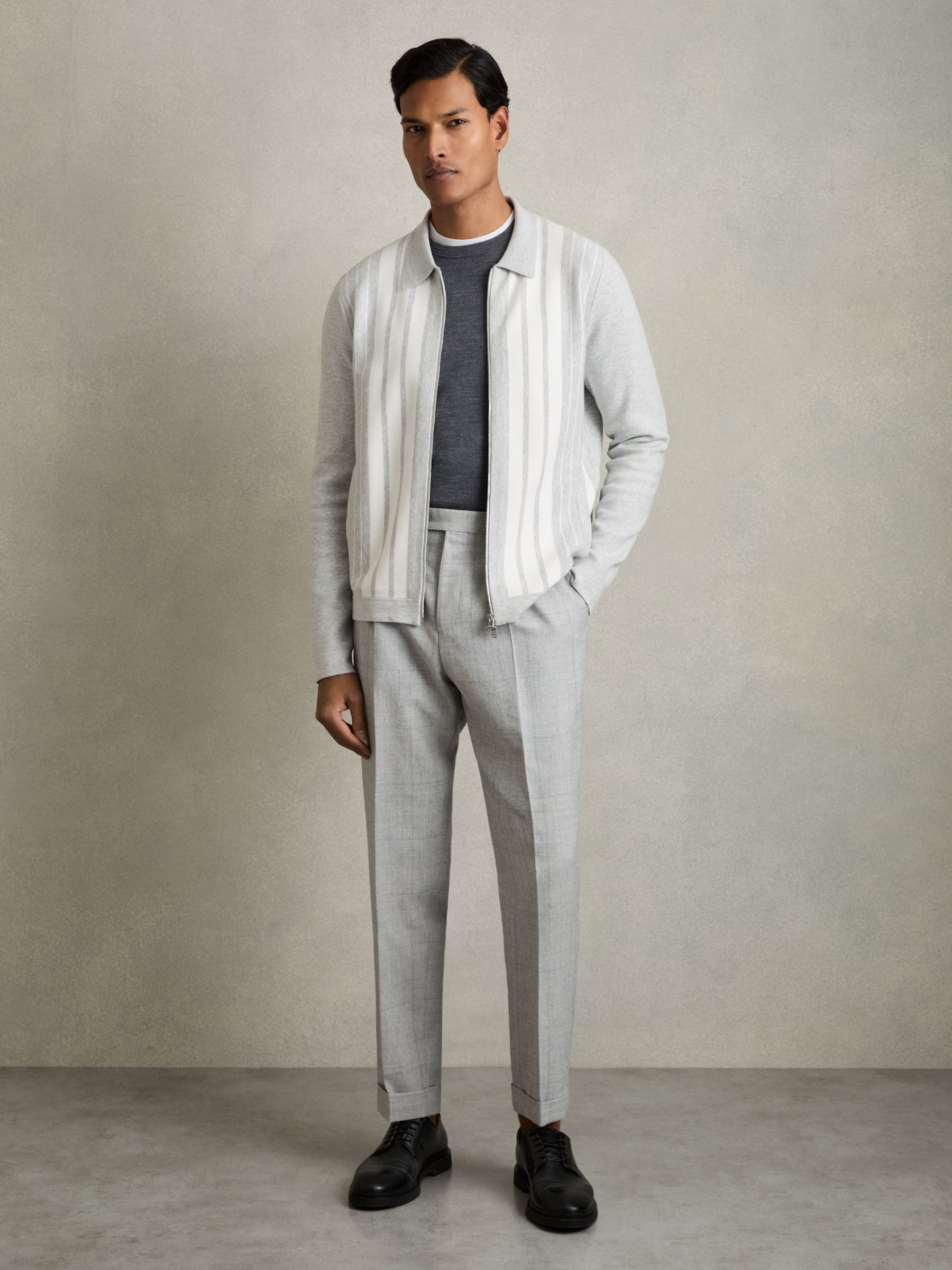 Striped Zip Through Knitted Jacket in Grey Melange/White - Image 3 of 6