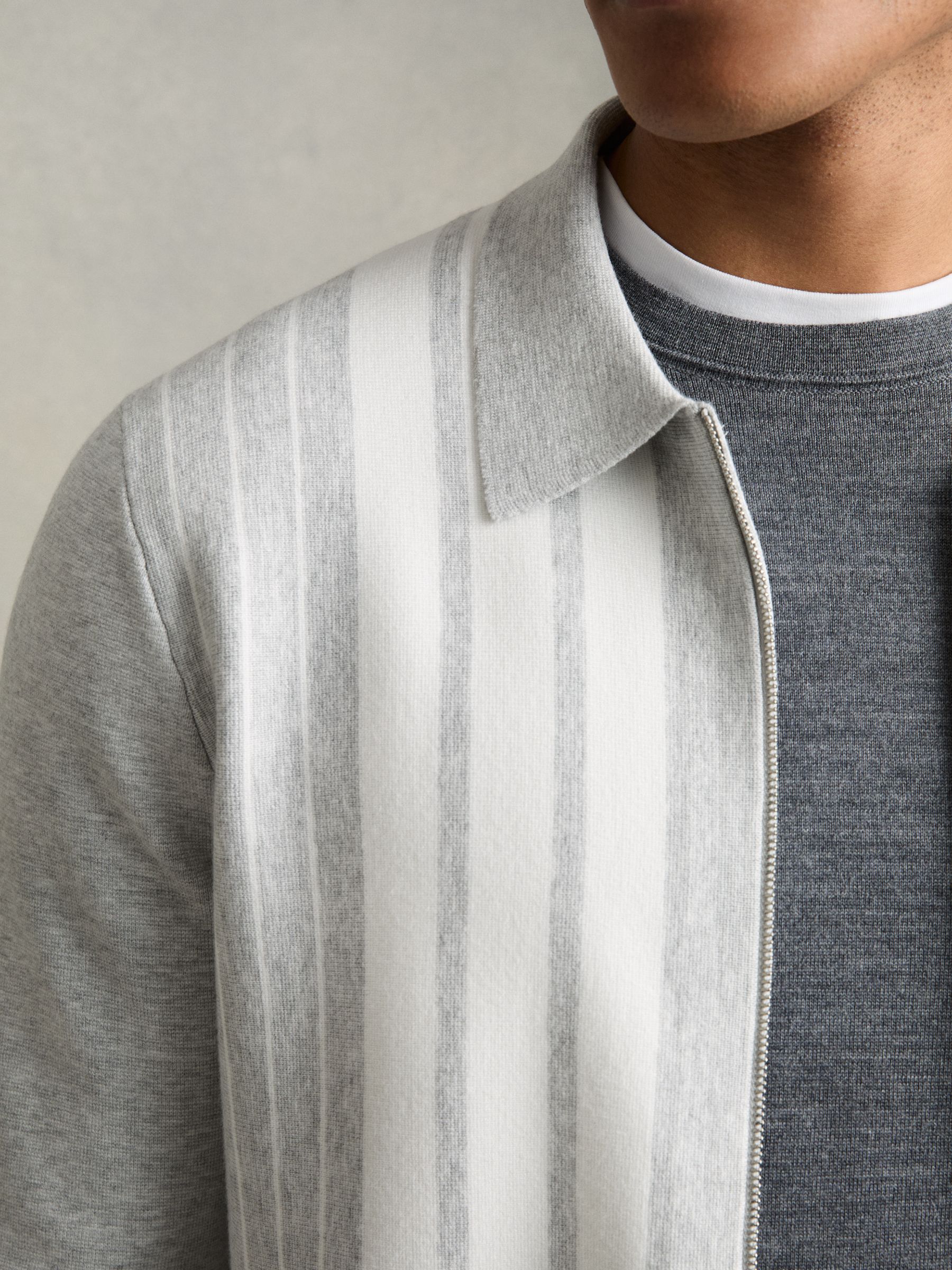 Striped Zip Through Knitted Jacket in Grey Melange/White - Image 4 of 6