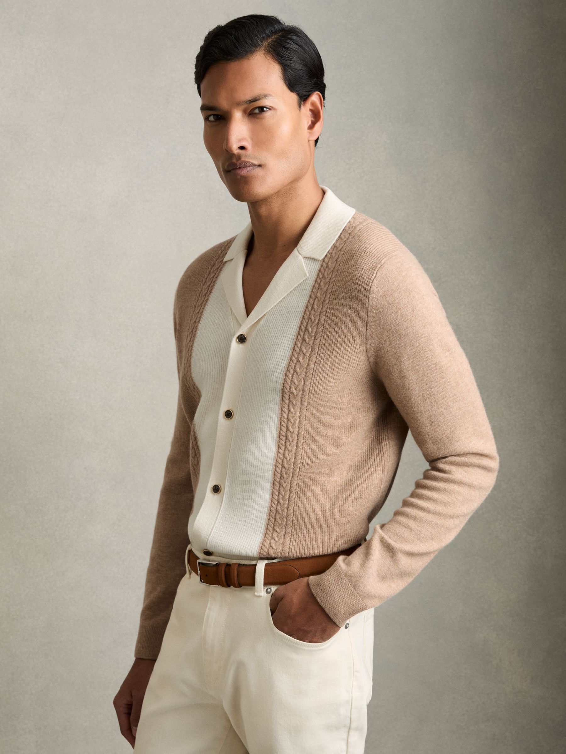 Wool Colourblock Knitted Shirt in Camel - Image 1 of 6