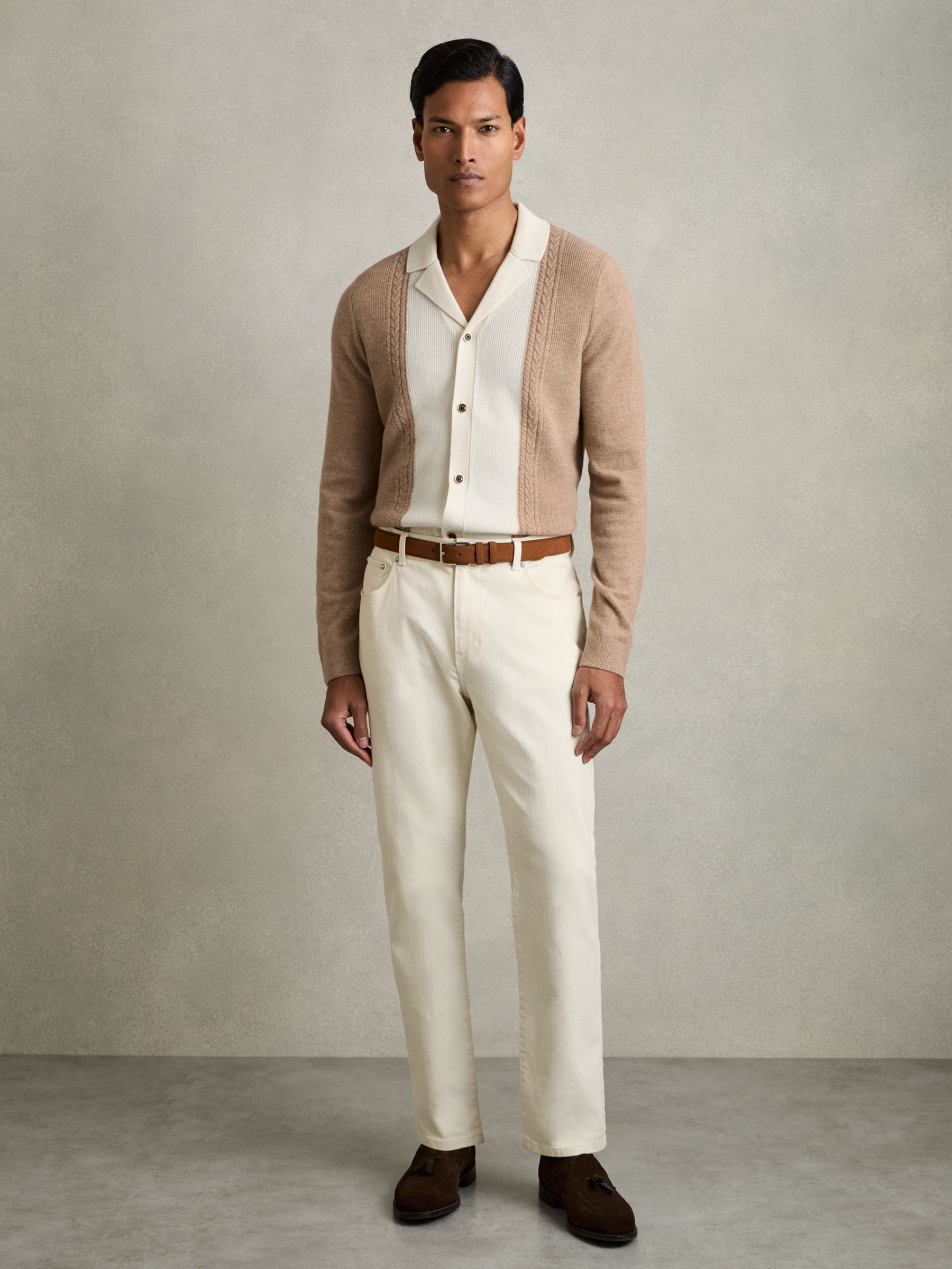 Wool Colourblock Knitted Shirt in Camel - Image 3 of 6