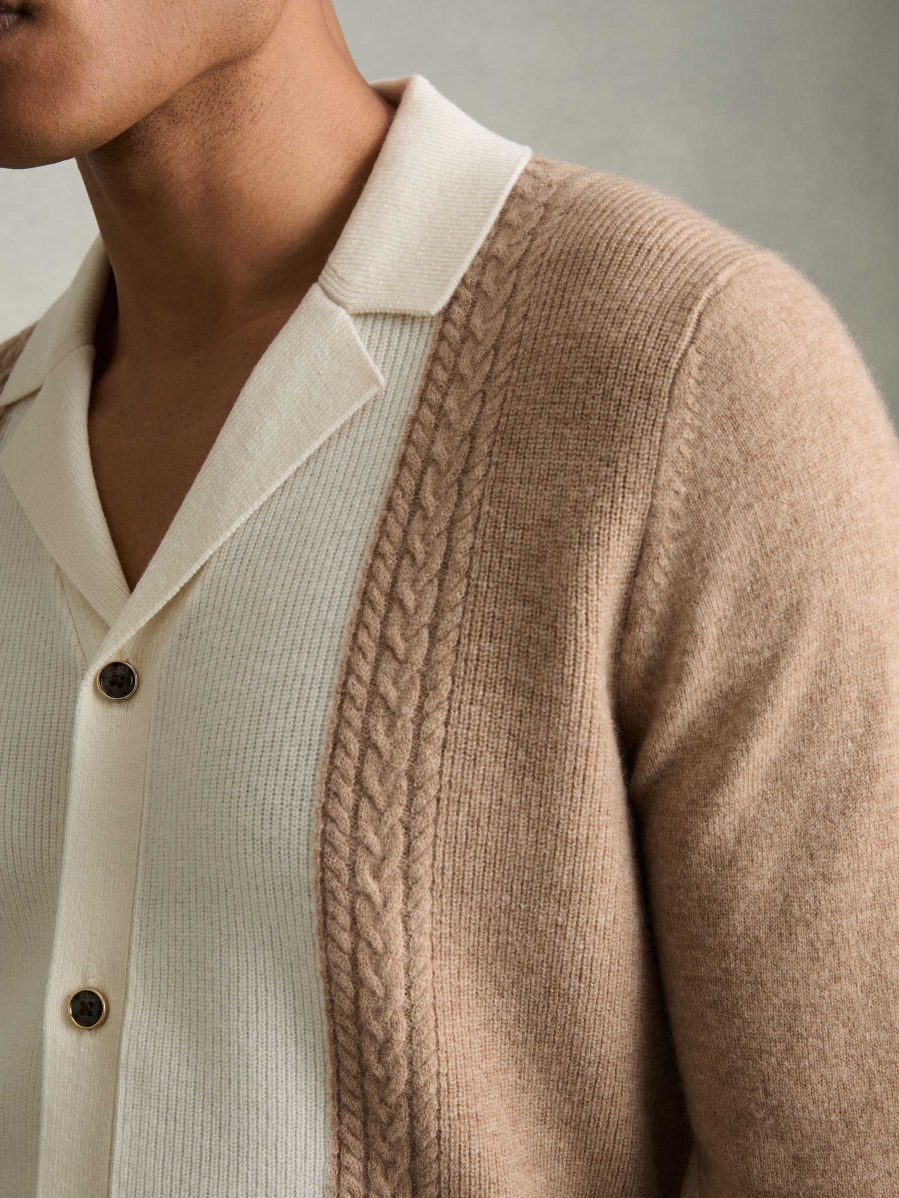 Wool Colourblock Knitted Shirt in Camel - Image 4 of 6