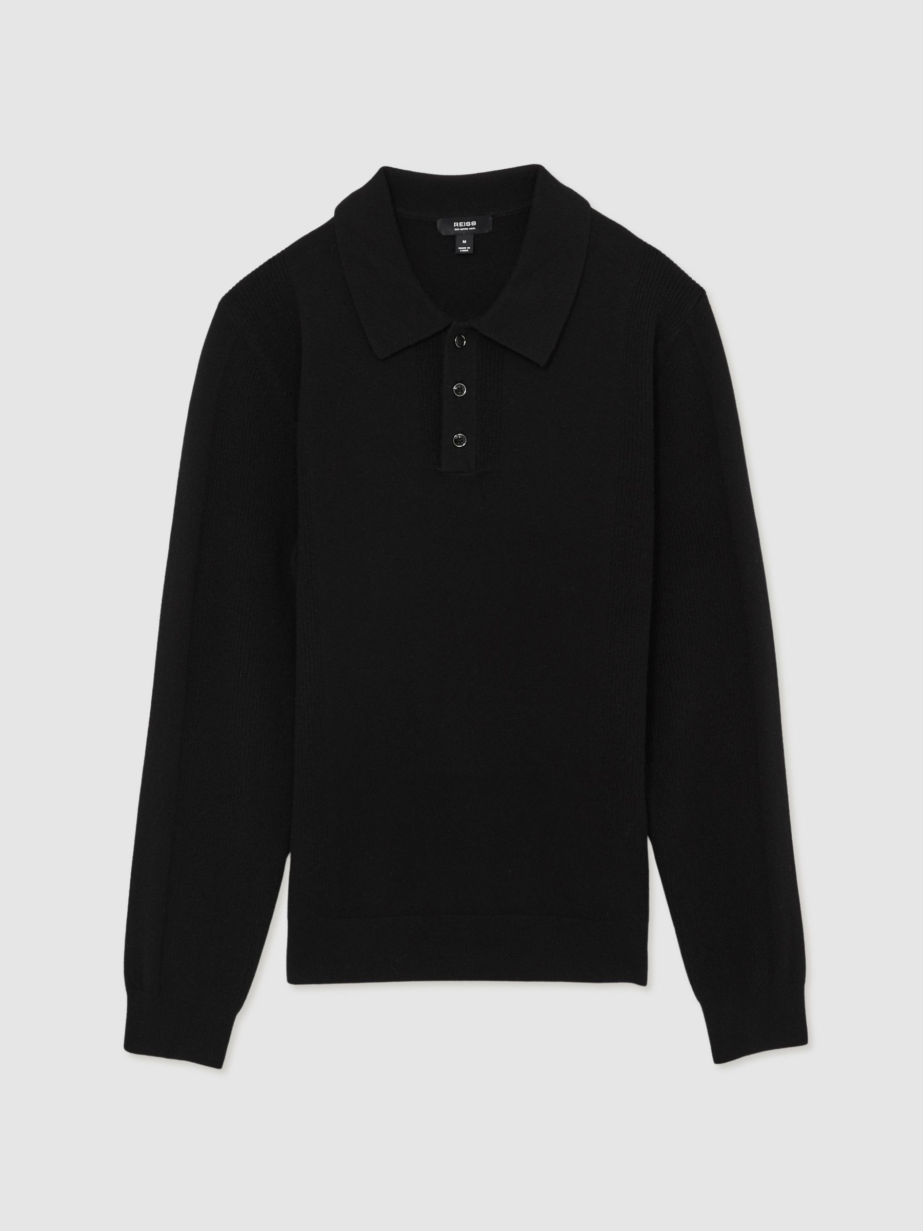 Wool Textured Long Sleeve Polo Shirt in Black - Image 2 of 6