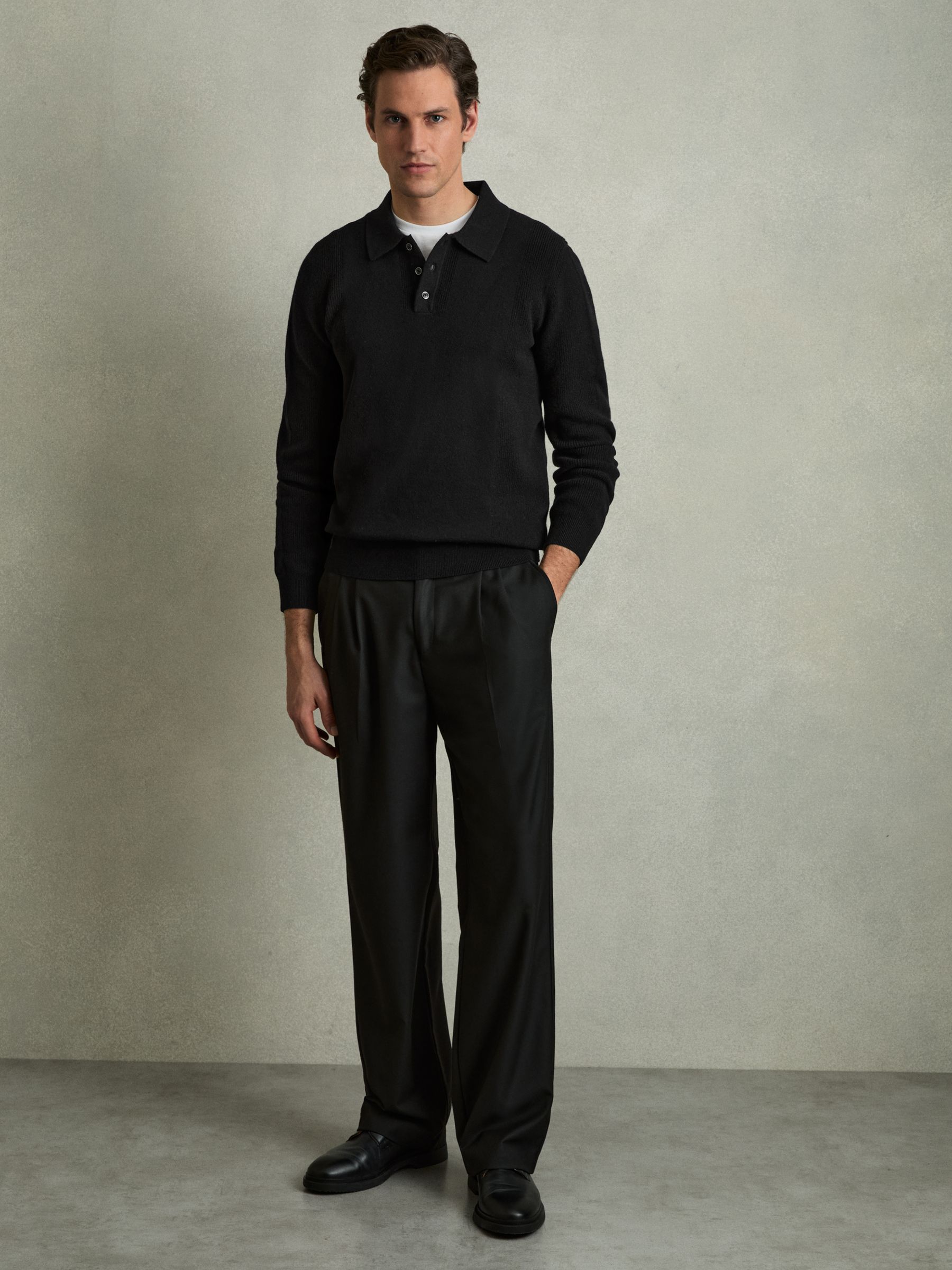 Wool Textured Long Sleeve Polo Shirt in Black - Image 3 of 6