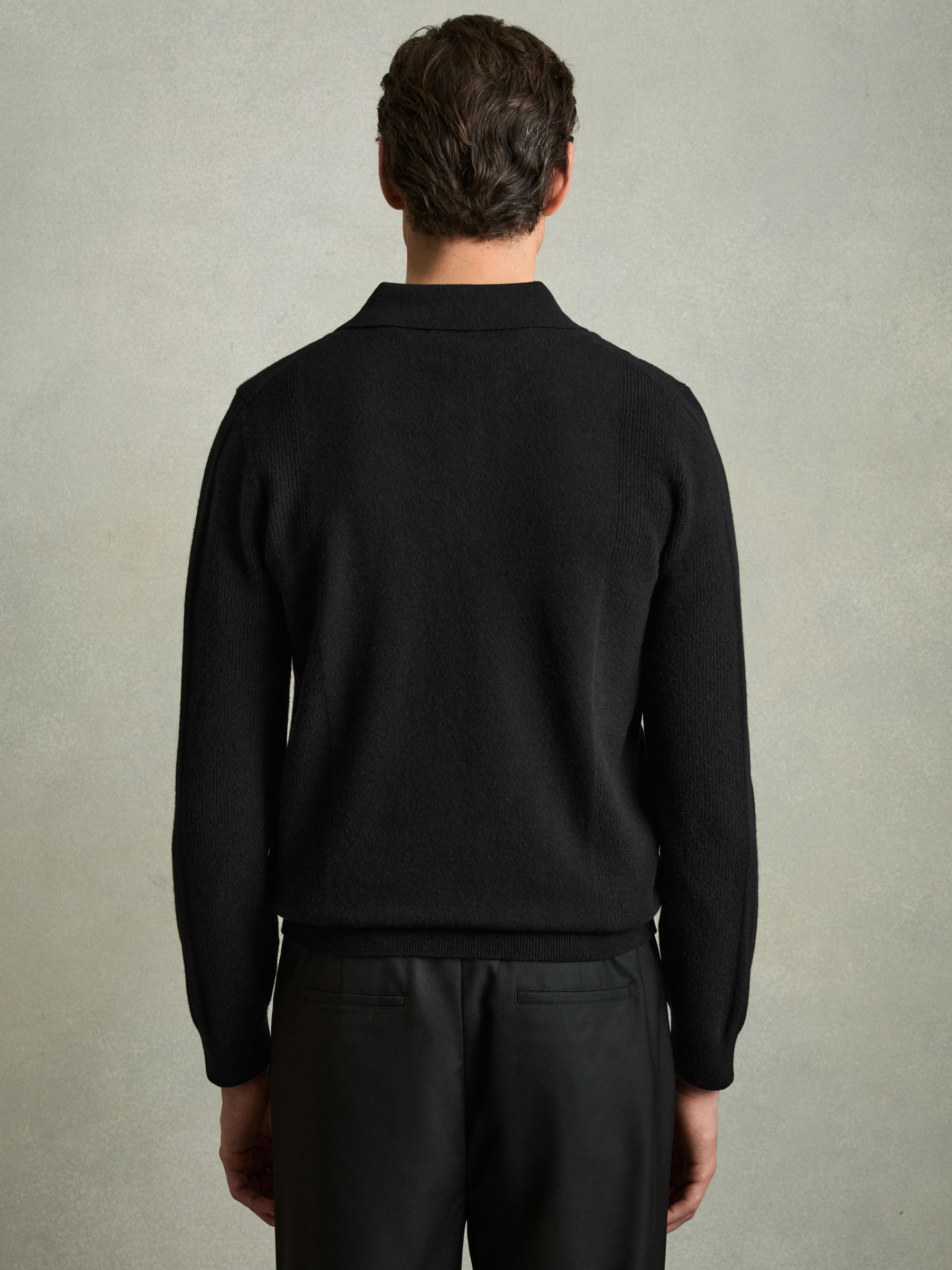 Wool Textured Long Sleeve Polo Shirt in Black - Image 5 of 6