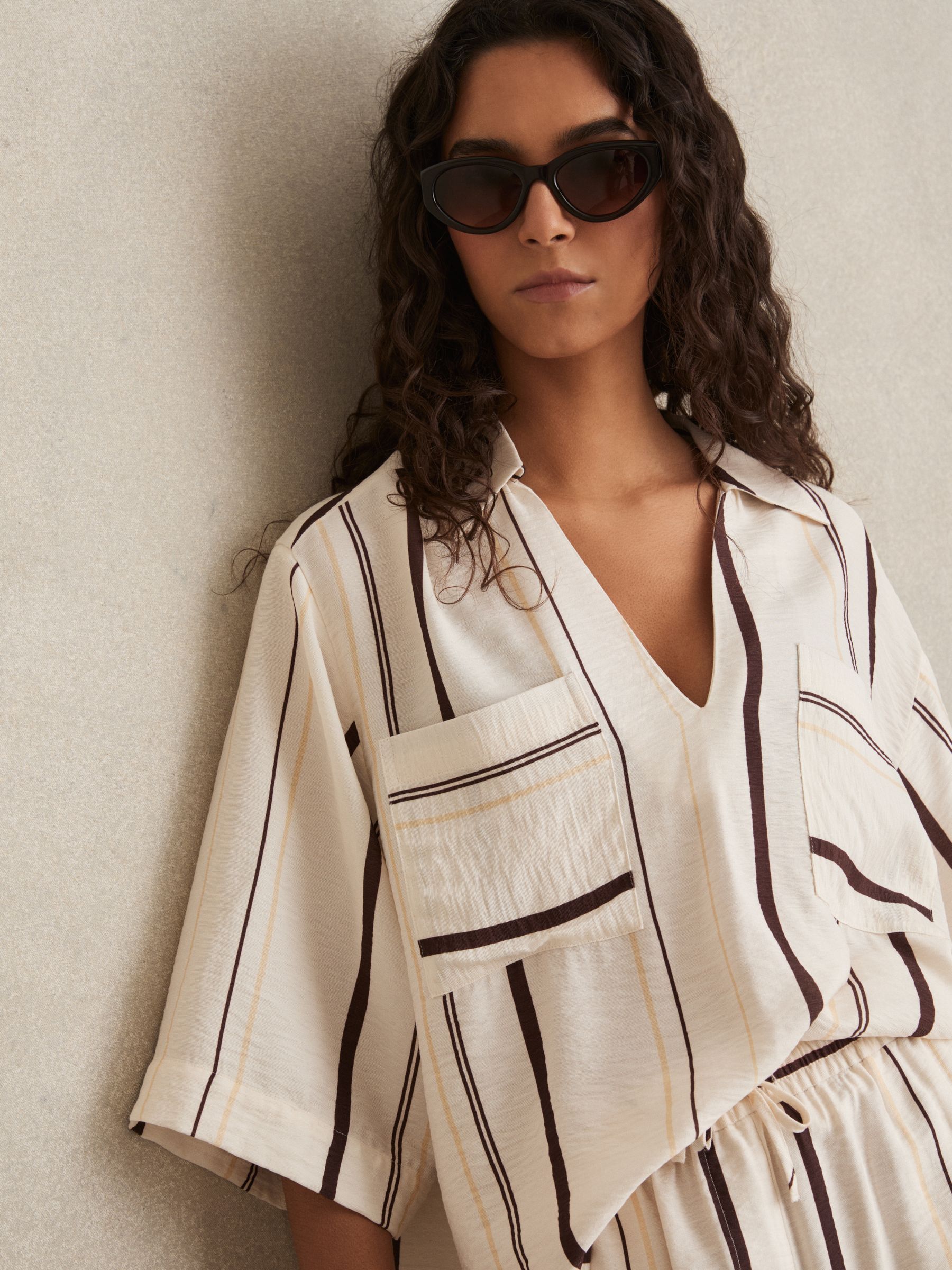 Stripe-Print Relaxed V-Neck Shirt in White/Brown - Image 1 of 5