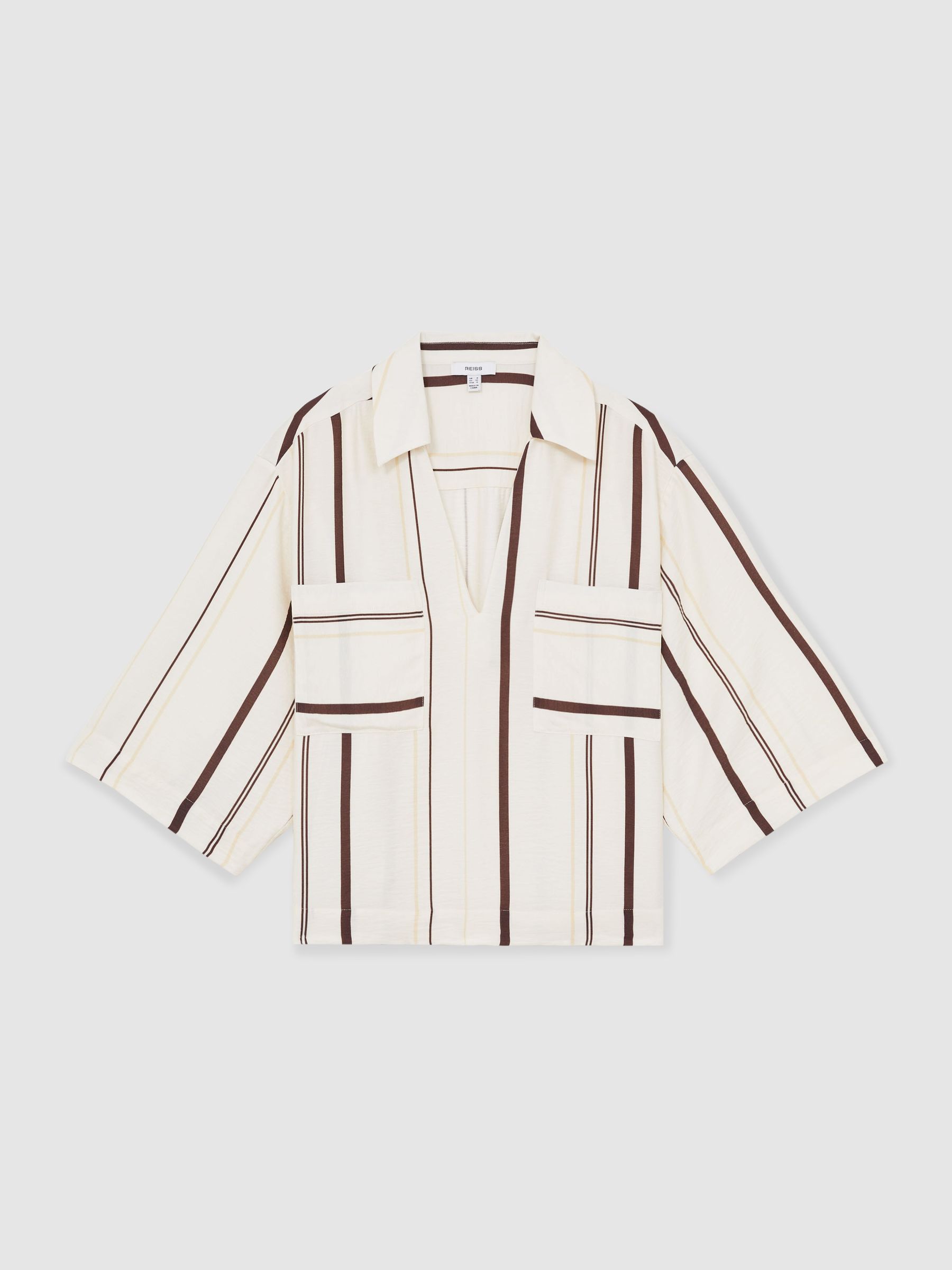 Stripe-Print Relaxed V-Neck Shirt in White/Brown - Image 2 of 5
