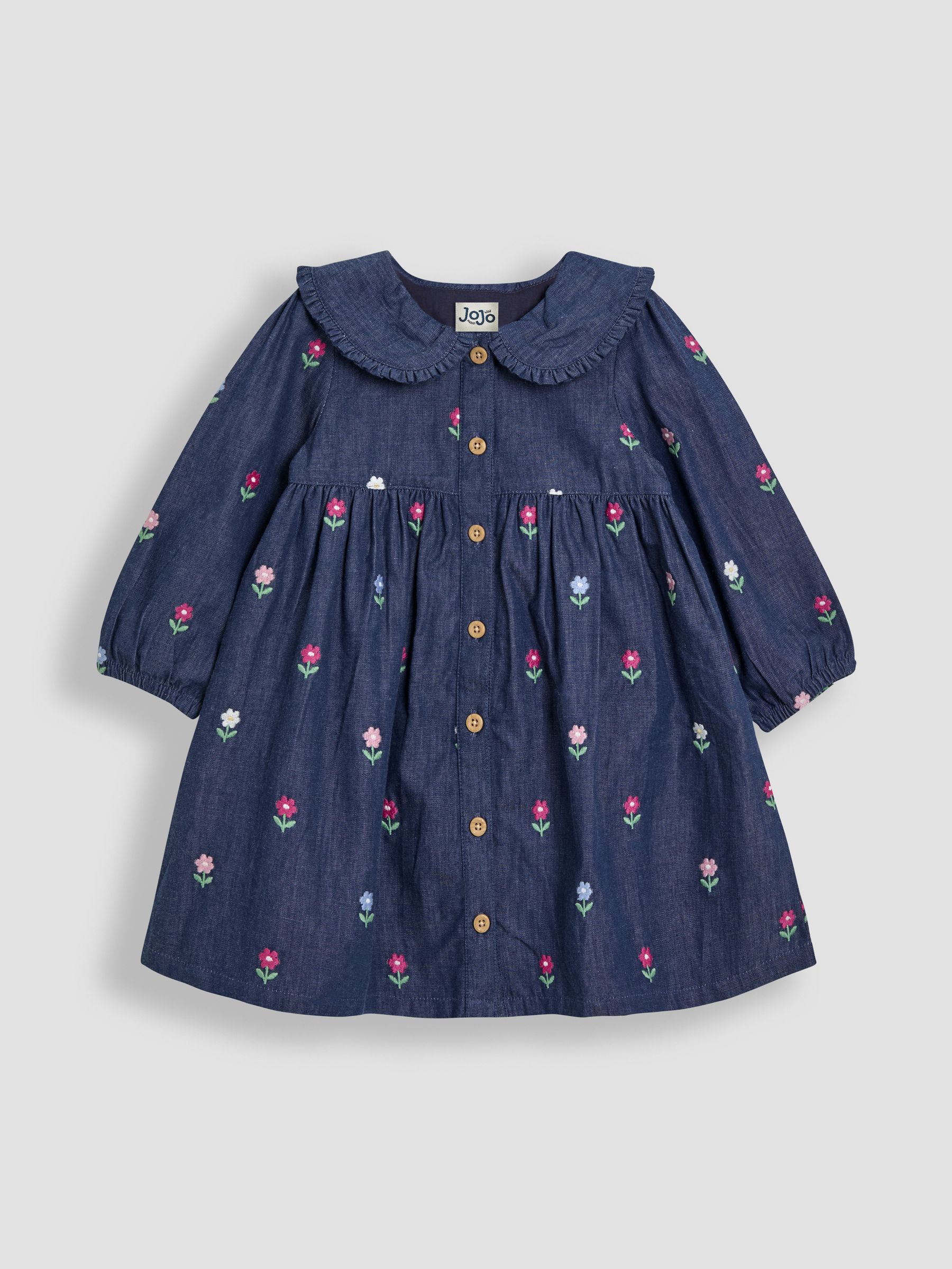 Chambray Blue Floral Embroidered Button Through Dress - Image 1 of 3