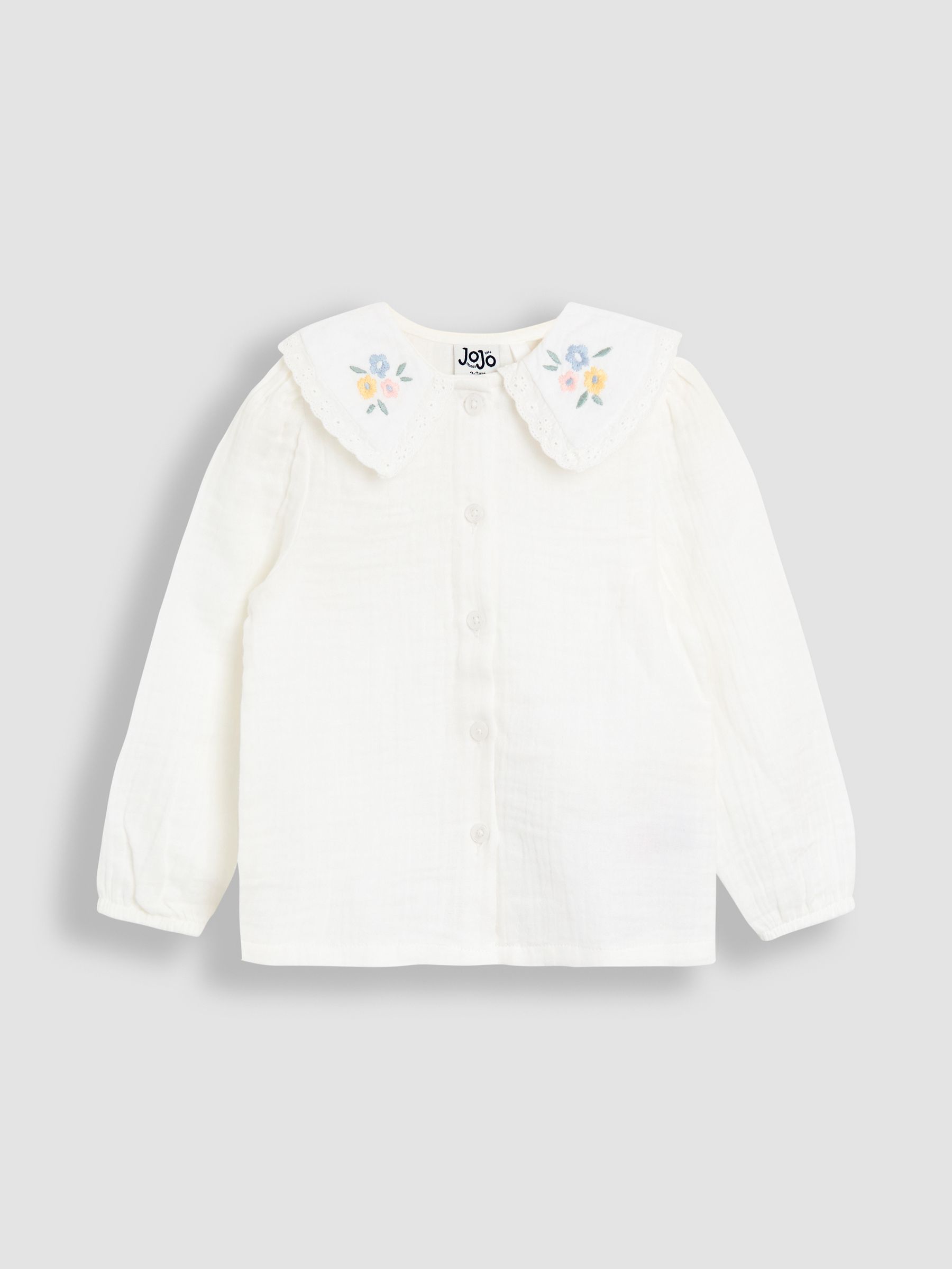 Cream Floral Embroidered Print Peter Pan Collar Cheesecloth Blouse - Image 1 of 3