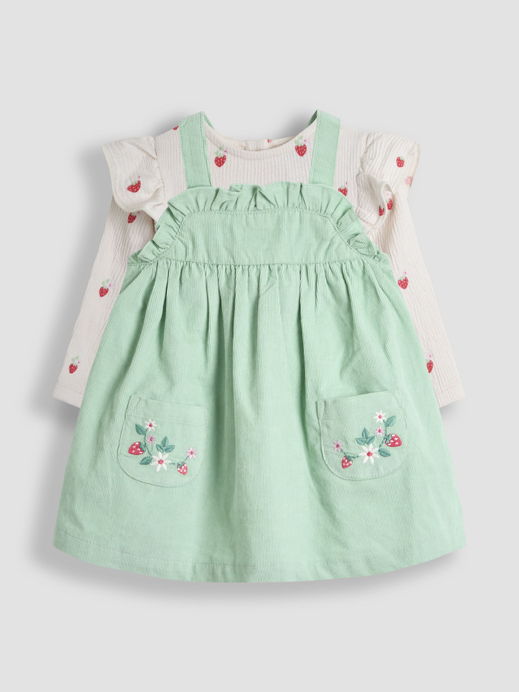 Khaki Green Strawberry 2-Piece Frill Sleeve Top & Pinafore Set - Image 1 of 5