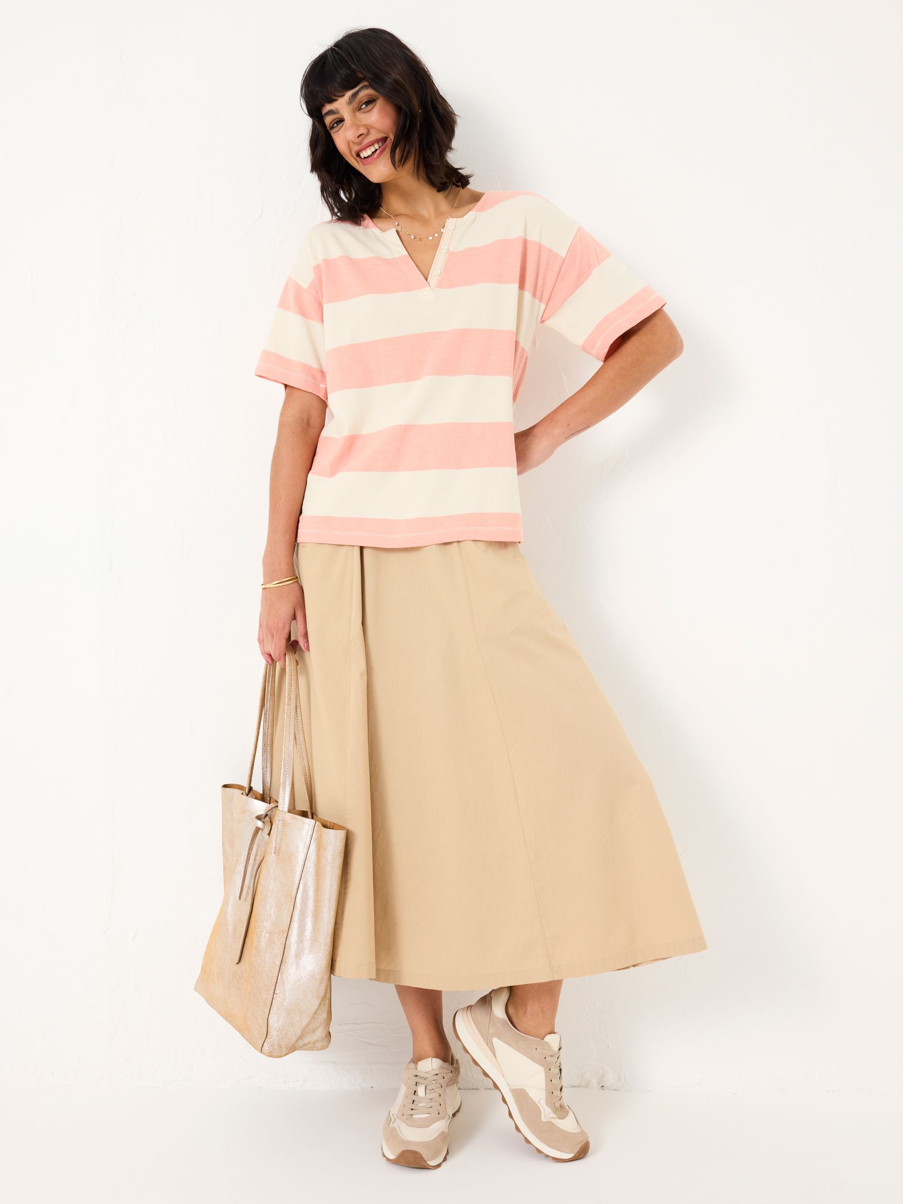 Pink 100% Cotton Stripe Notch Neck T-Shirt - Image 1 of 5