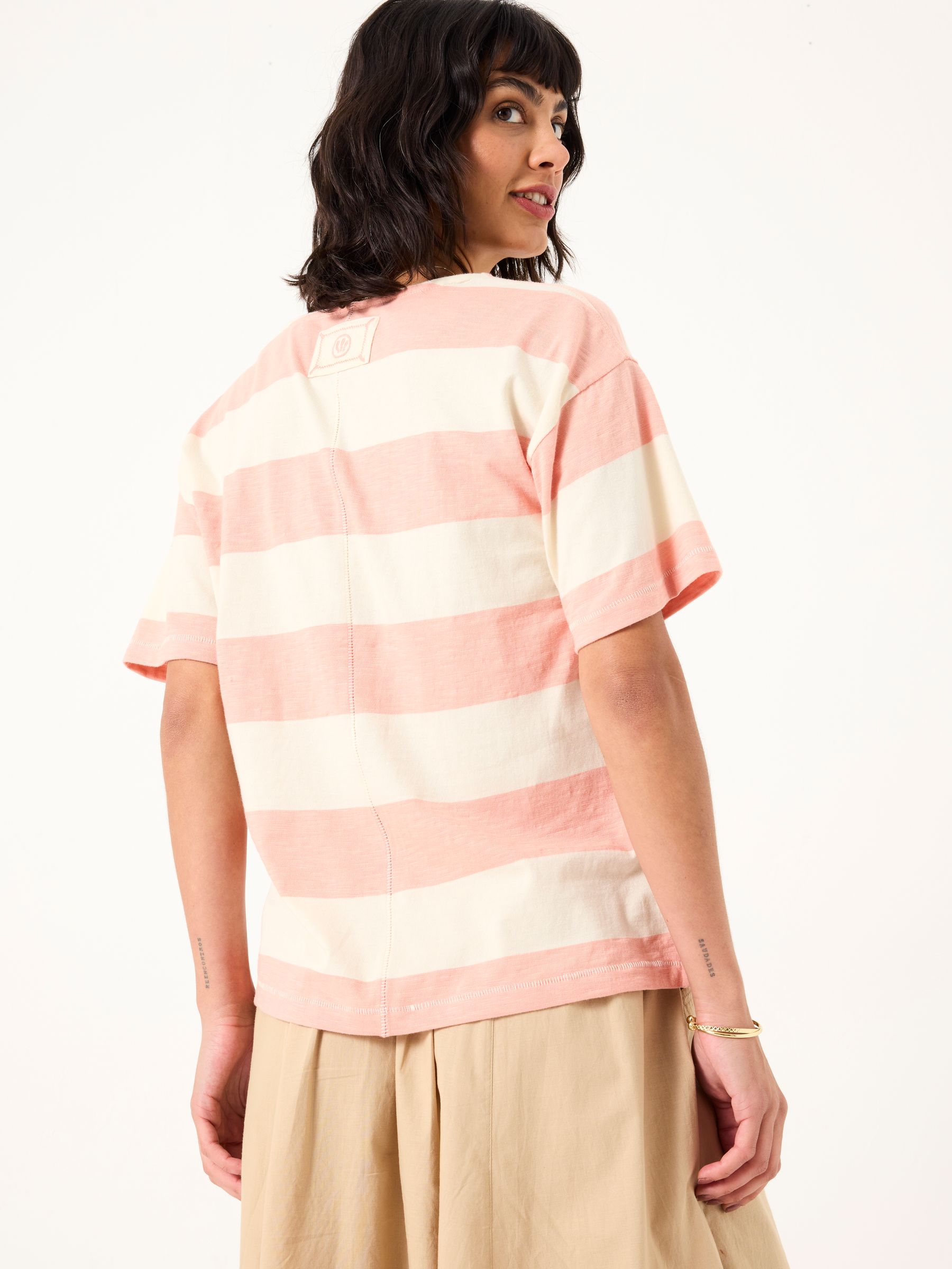 Pink 100% Cotton Stripe Notch Neck T-Shirt - Image 2 of 5