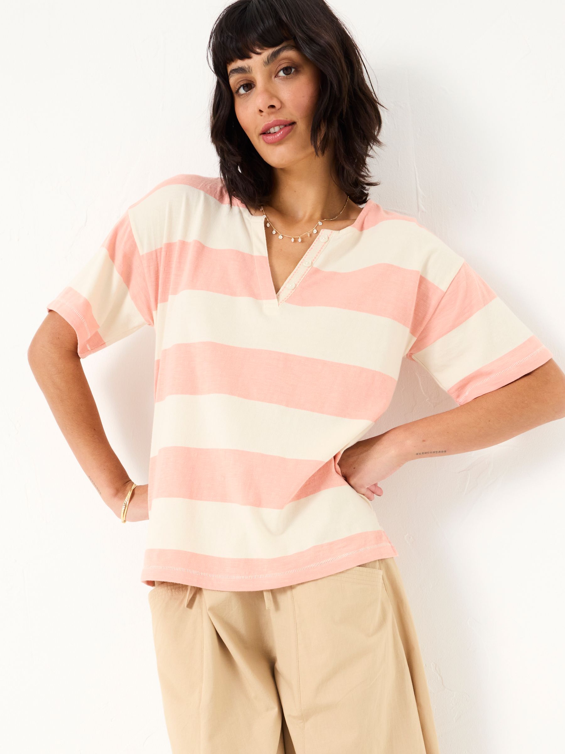 Pink 100% Cotton Stripe Notch Neck T-Shirt - Image 3 of 5