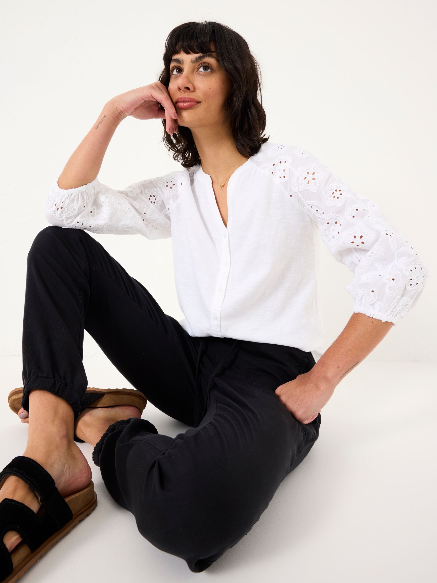 Elsie White Broderie 100% Cotton Jersey Shirt - Image 5 of 6