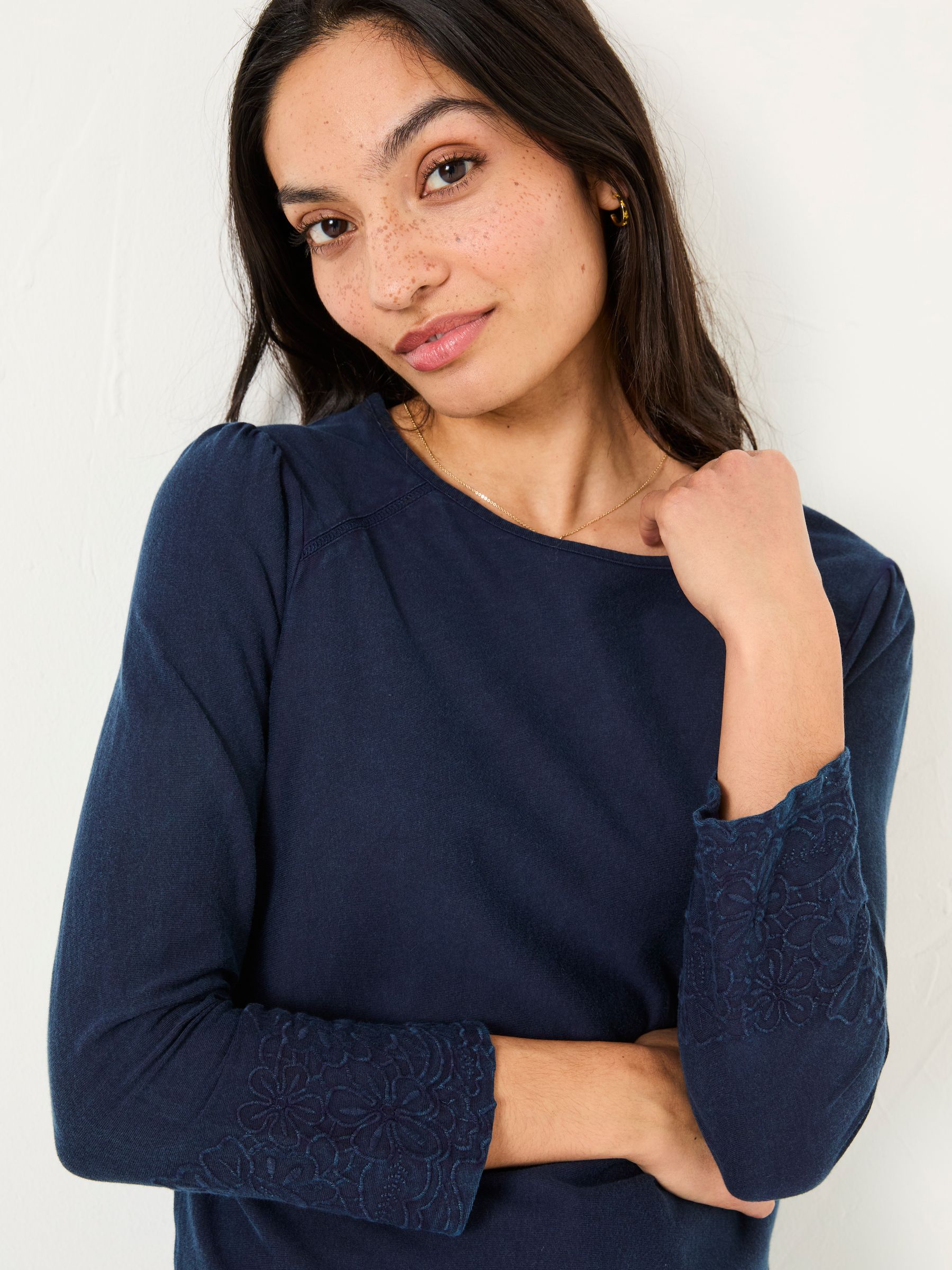 Ria Navy Broderie 100% Cotton Top - Image 2 of 5