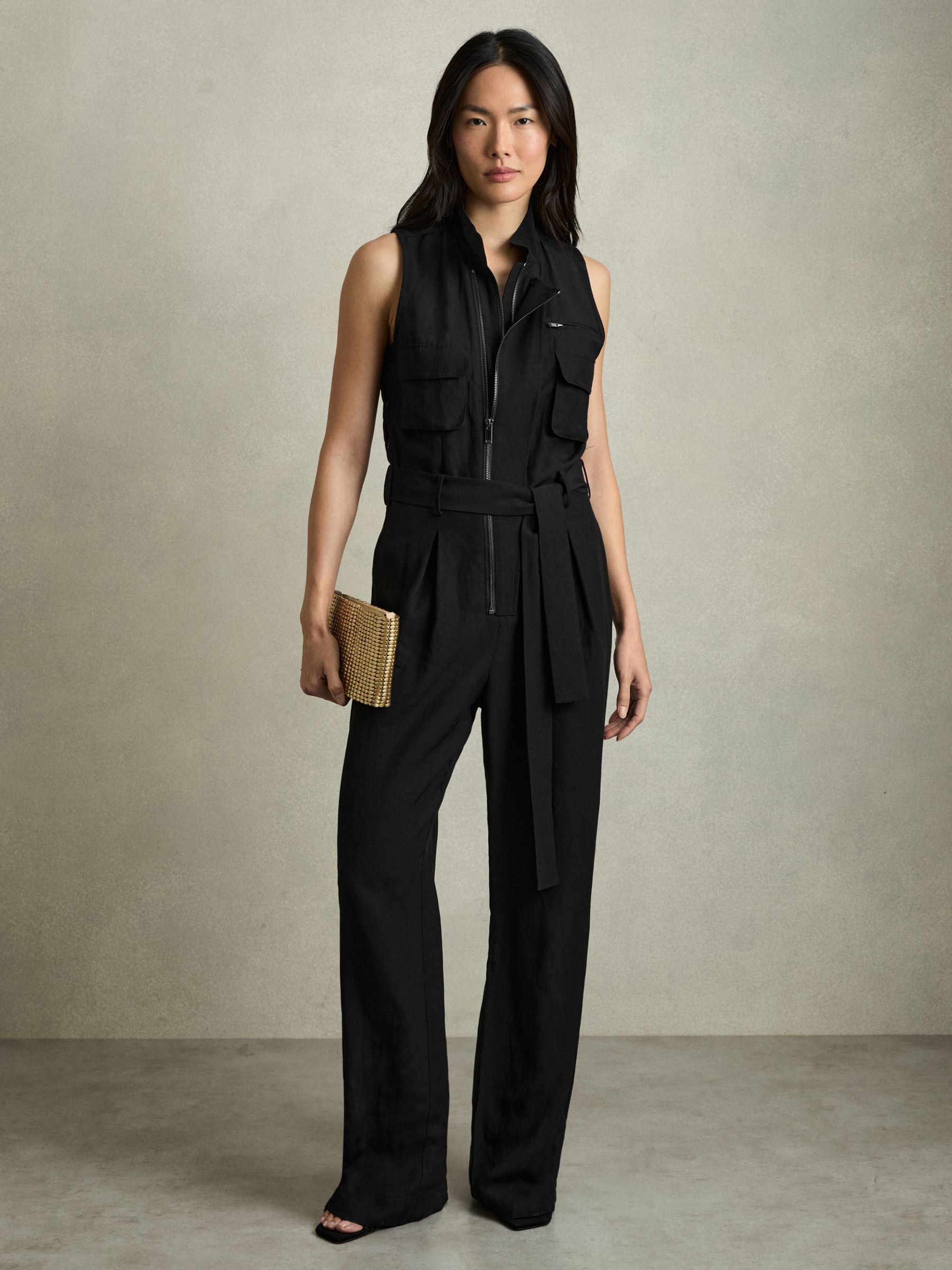 Utility Zip Through Jumpsuit With Linen in Black - Image 1 of 7
