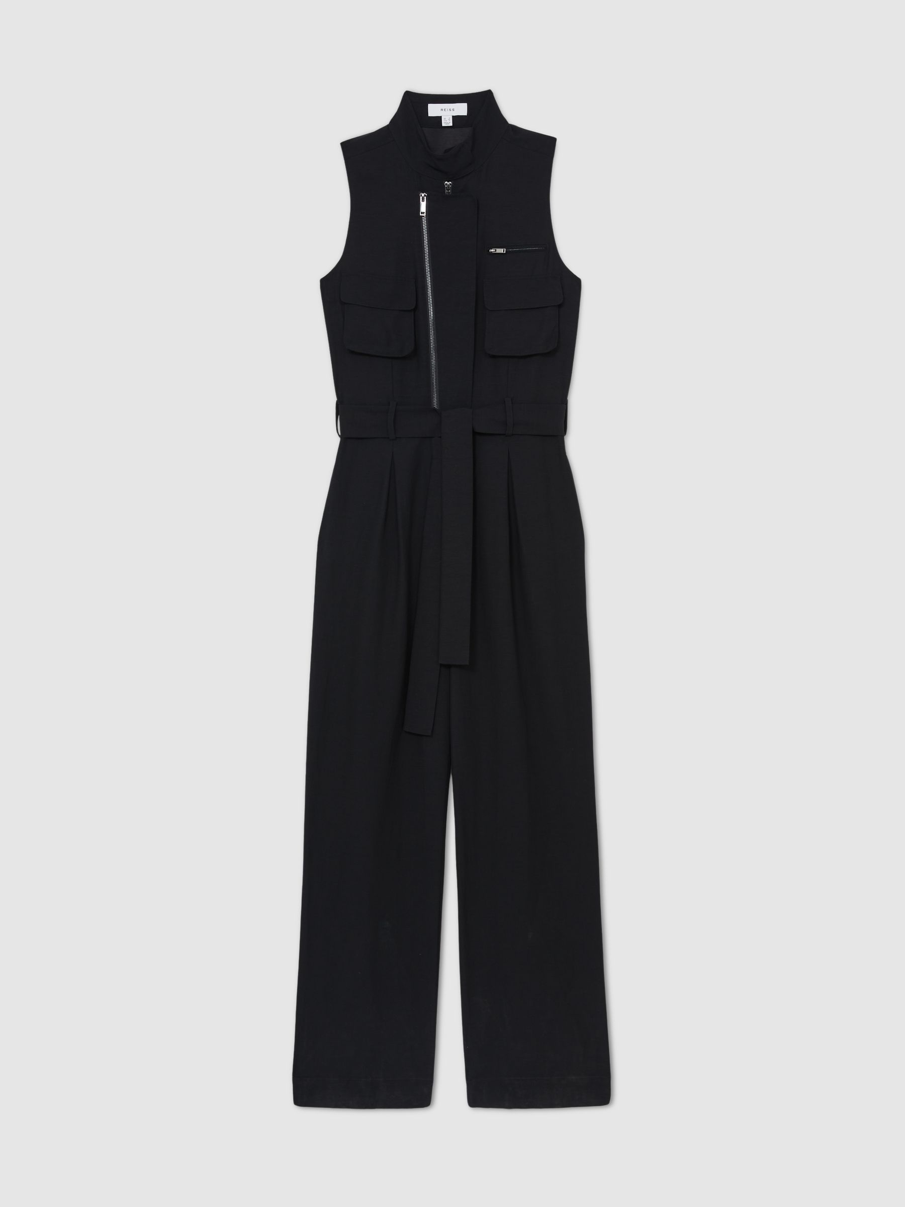 Utility Zip Through Jumpsuit With Linen in Black - Image 2 of 7