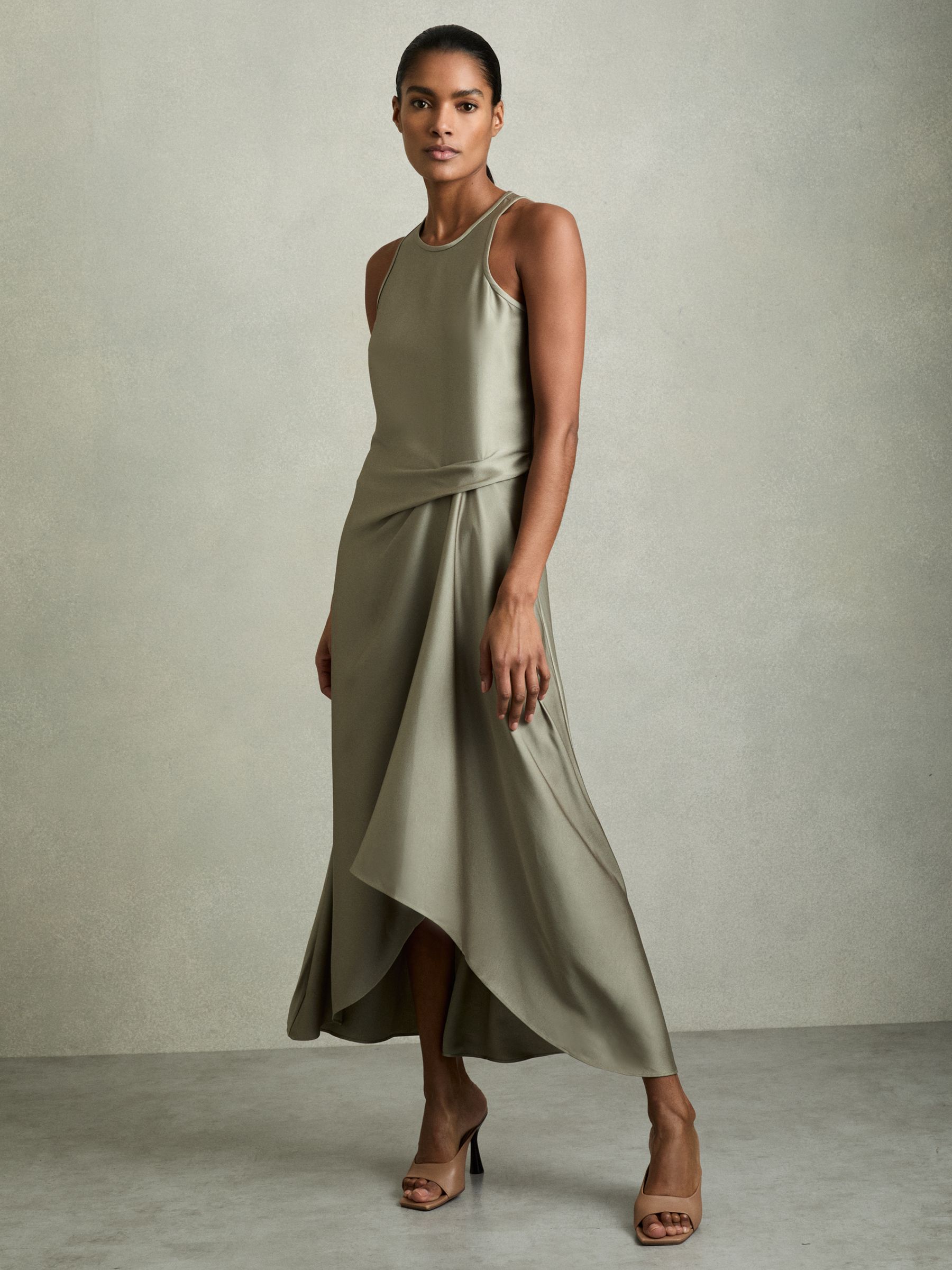 Satin Drape Tuck Midi Dress in Khaki - Image 1 of 5