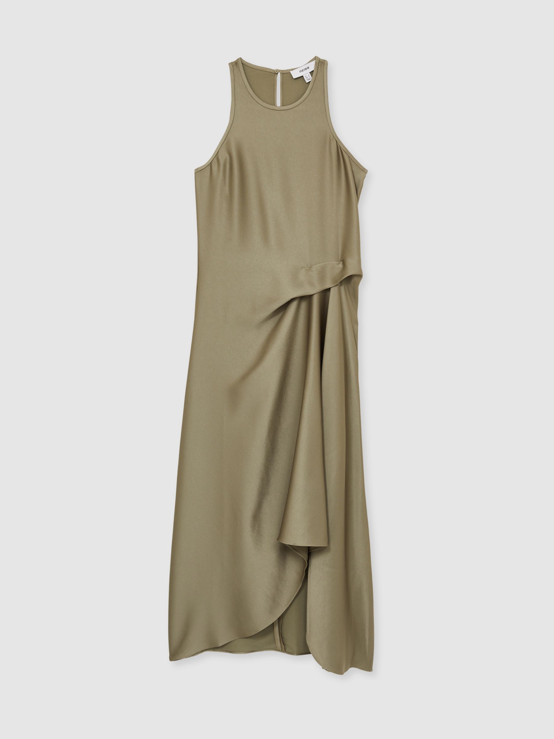 Satin Drape Tuck Midi Dress in Khaki - Image 2 of 5
