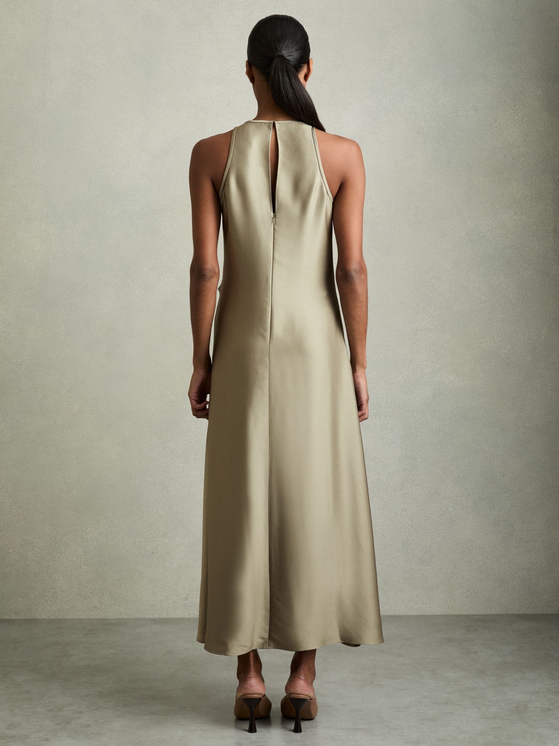 Satin Drape Tuck Midi Dress in Khaki - Image 4 of 5