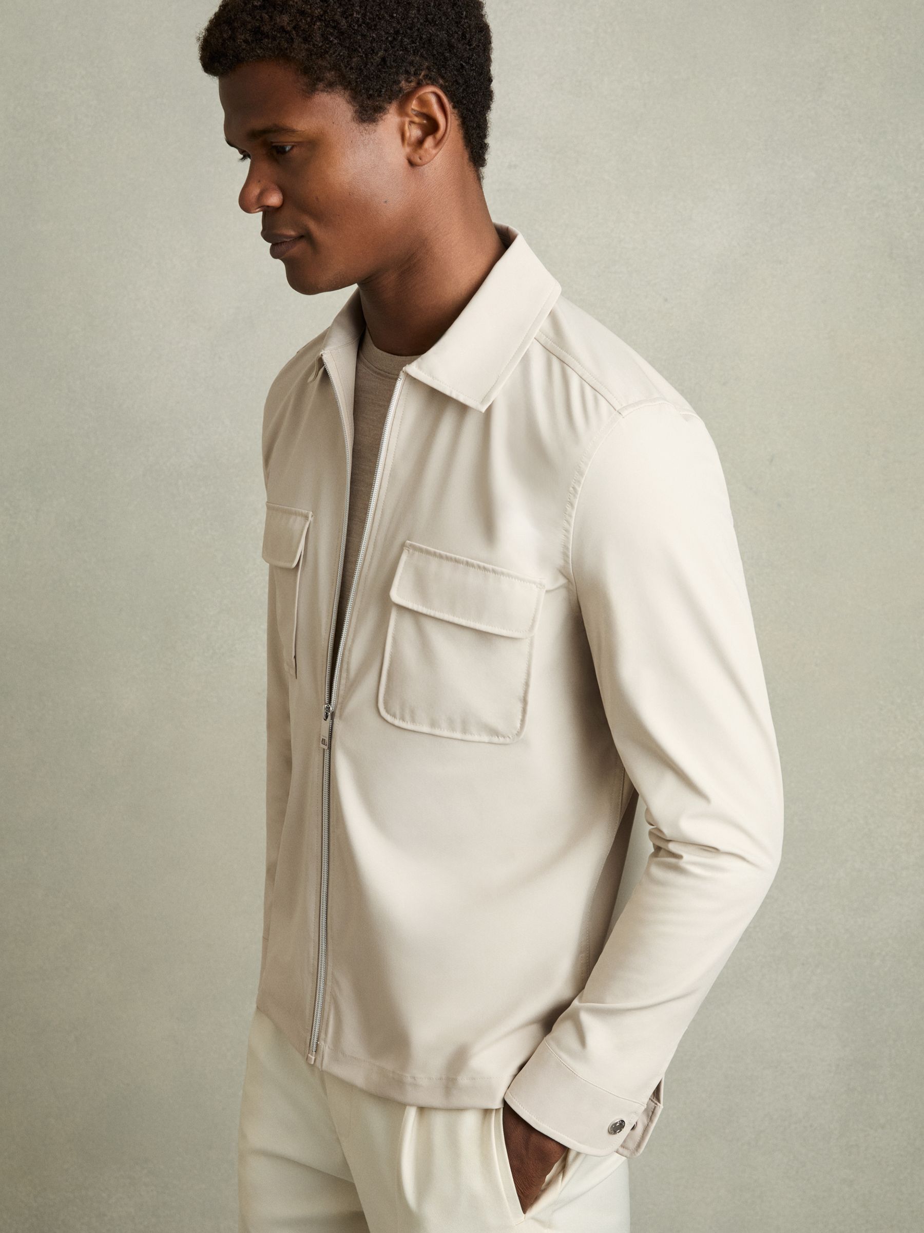 Technical Zip-Through Overshirt in Stone - Image 1 of 7