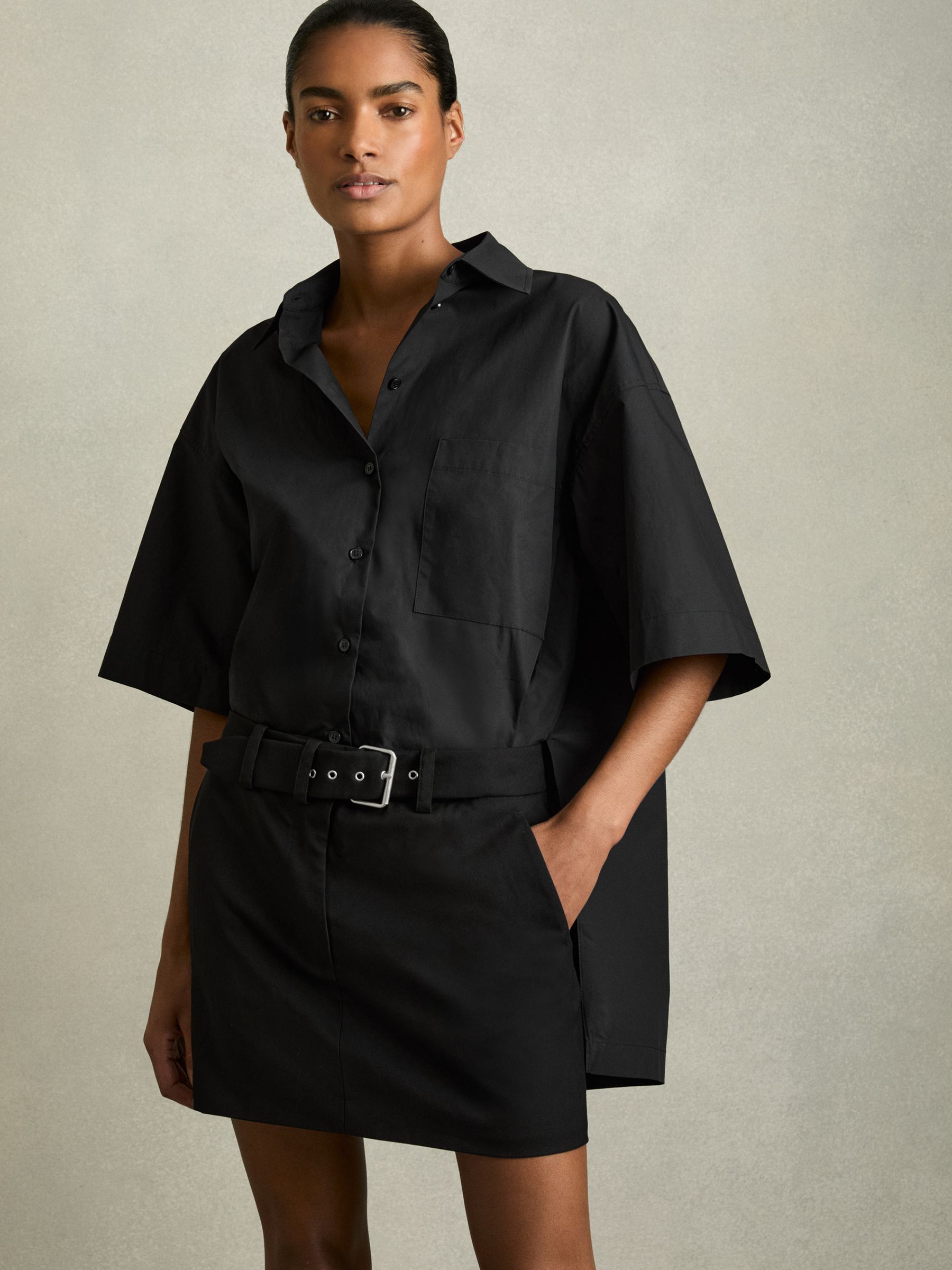 Cotton Woven Belted Shirt Dress in Black - Image 1 of 5