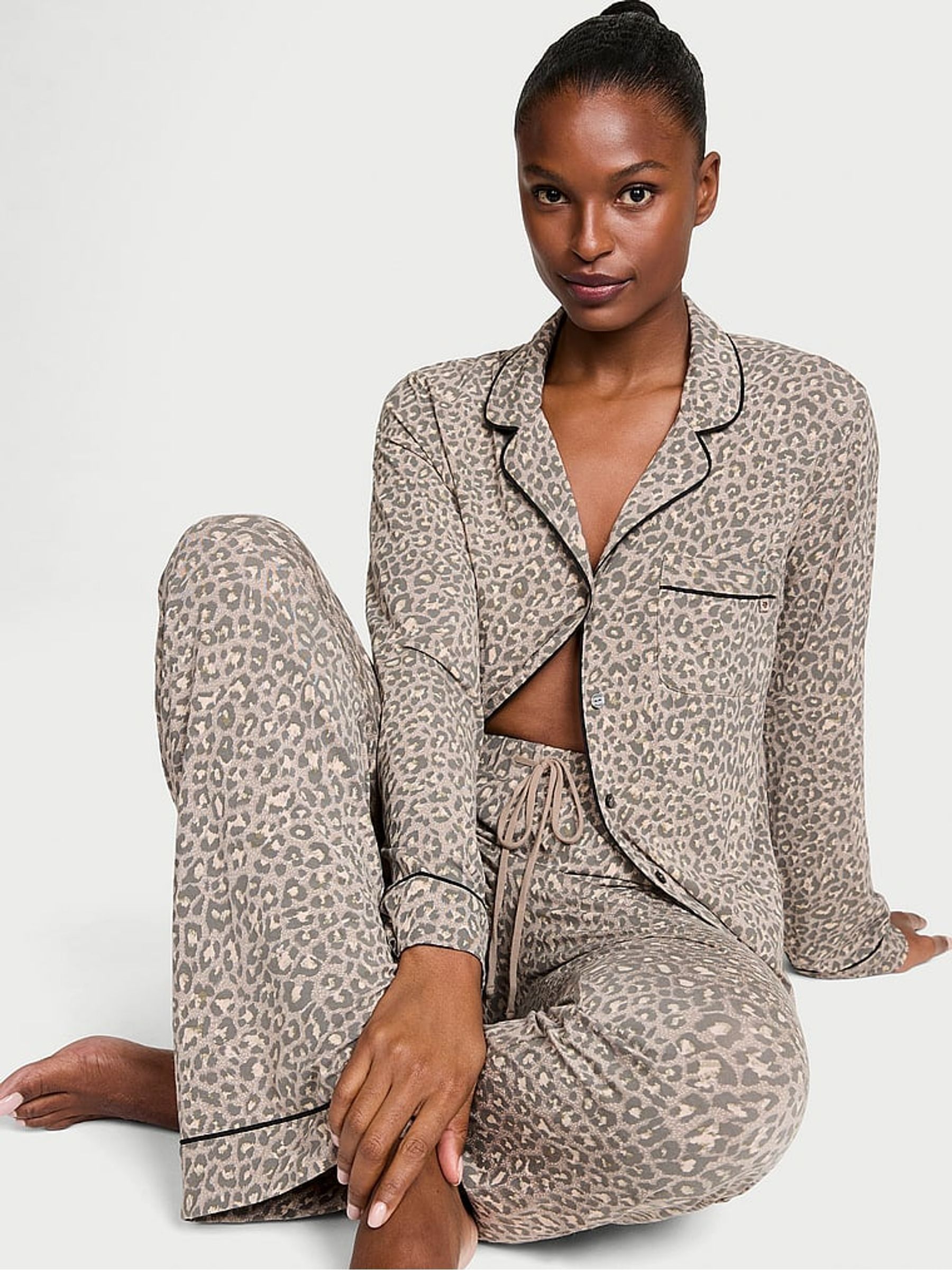 Turtle Dove Grey Leopard Modal Long Pyjama Set - Image 1 of 2