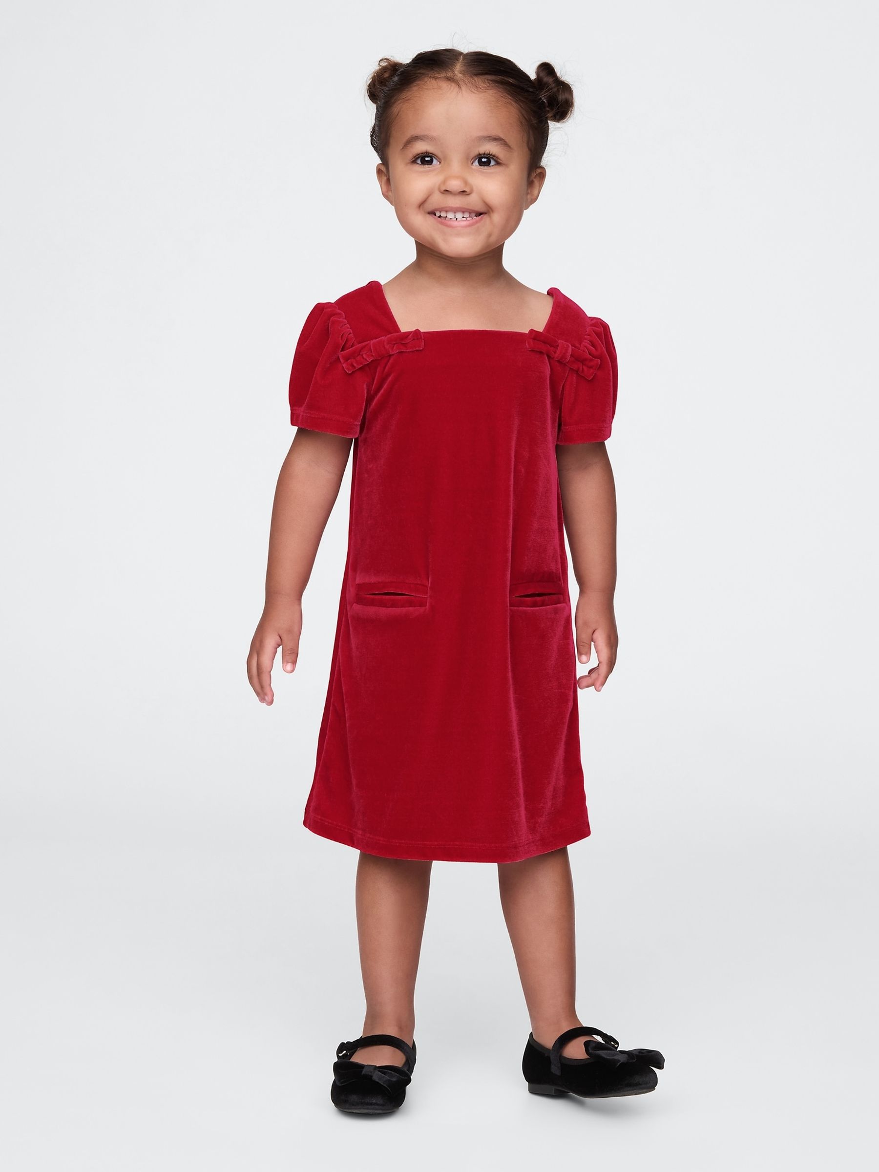 Red Velour Bow Shift Dress (6mths-5yrs) - Image 1 of 4