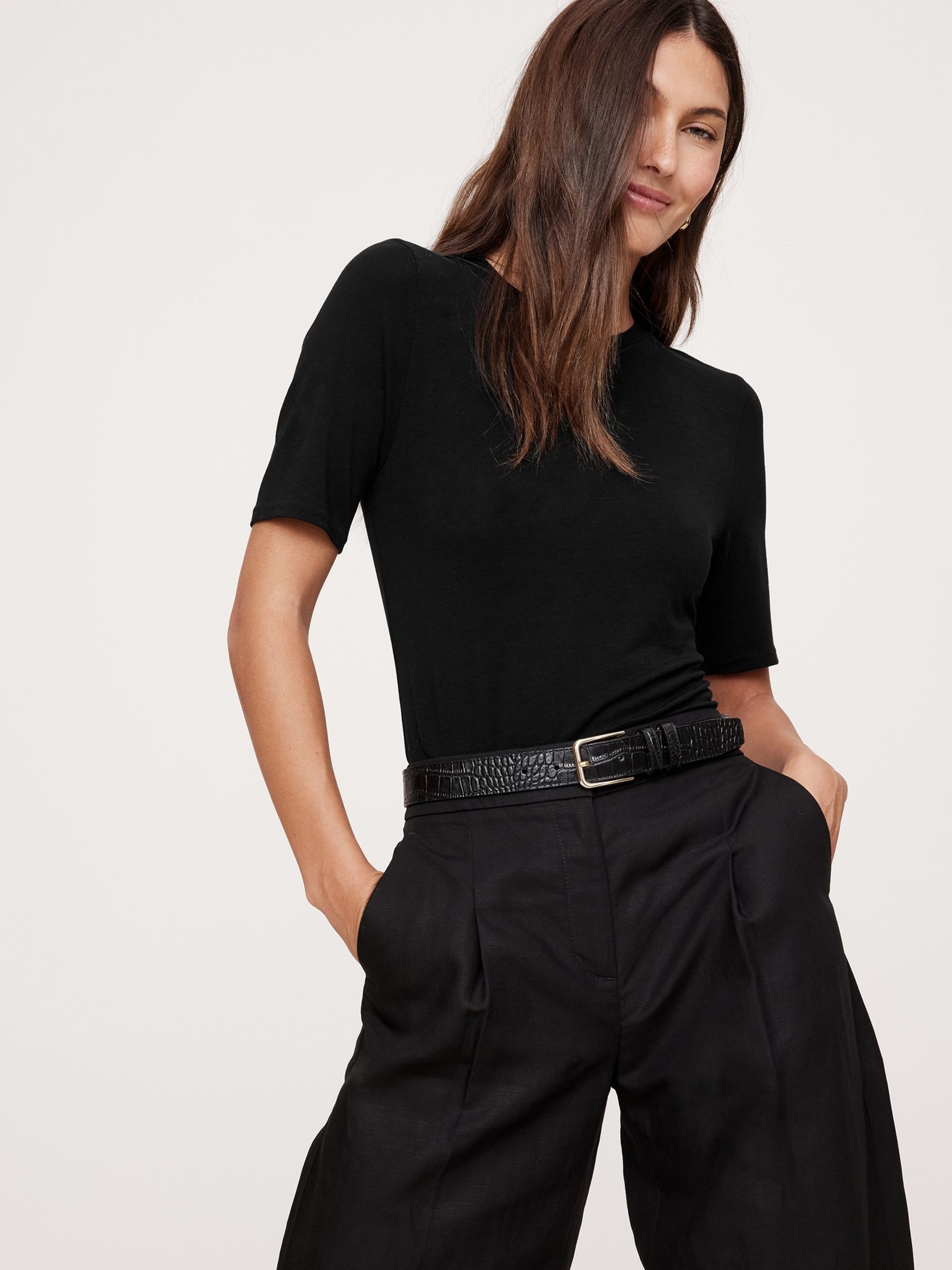 Banana Republic Black Luxe Wool-Blend Elbow-Sleeve Top - Image 1 of 4