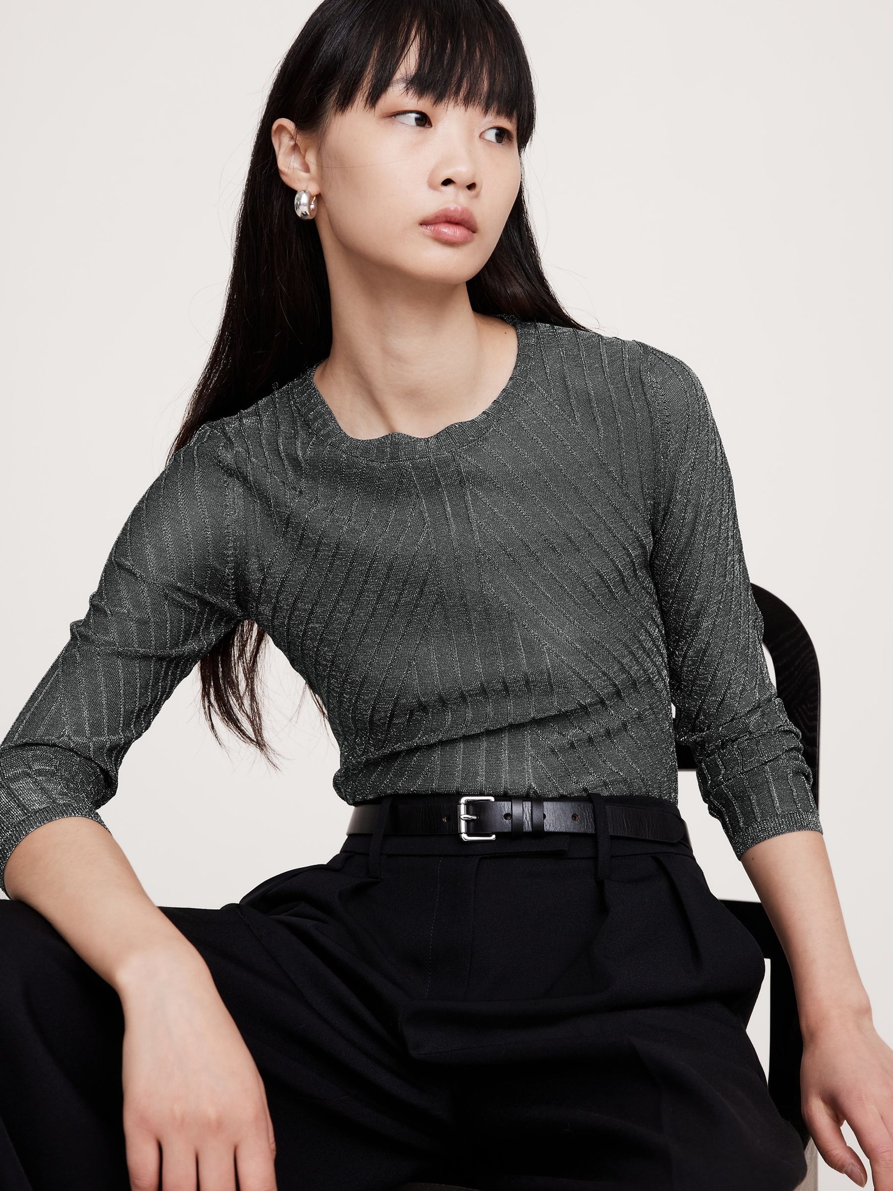 Banana Republic Black Metallic Ribbed Long Sleeve Top - Image 1 of 4