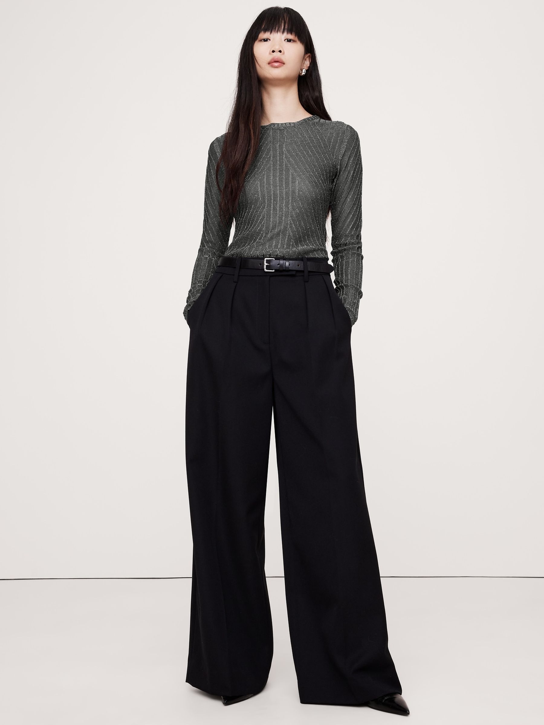 Banana Republic Black Metallic Ribbed Long Sleeve Top - Image 3 of 4