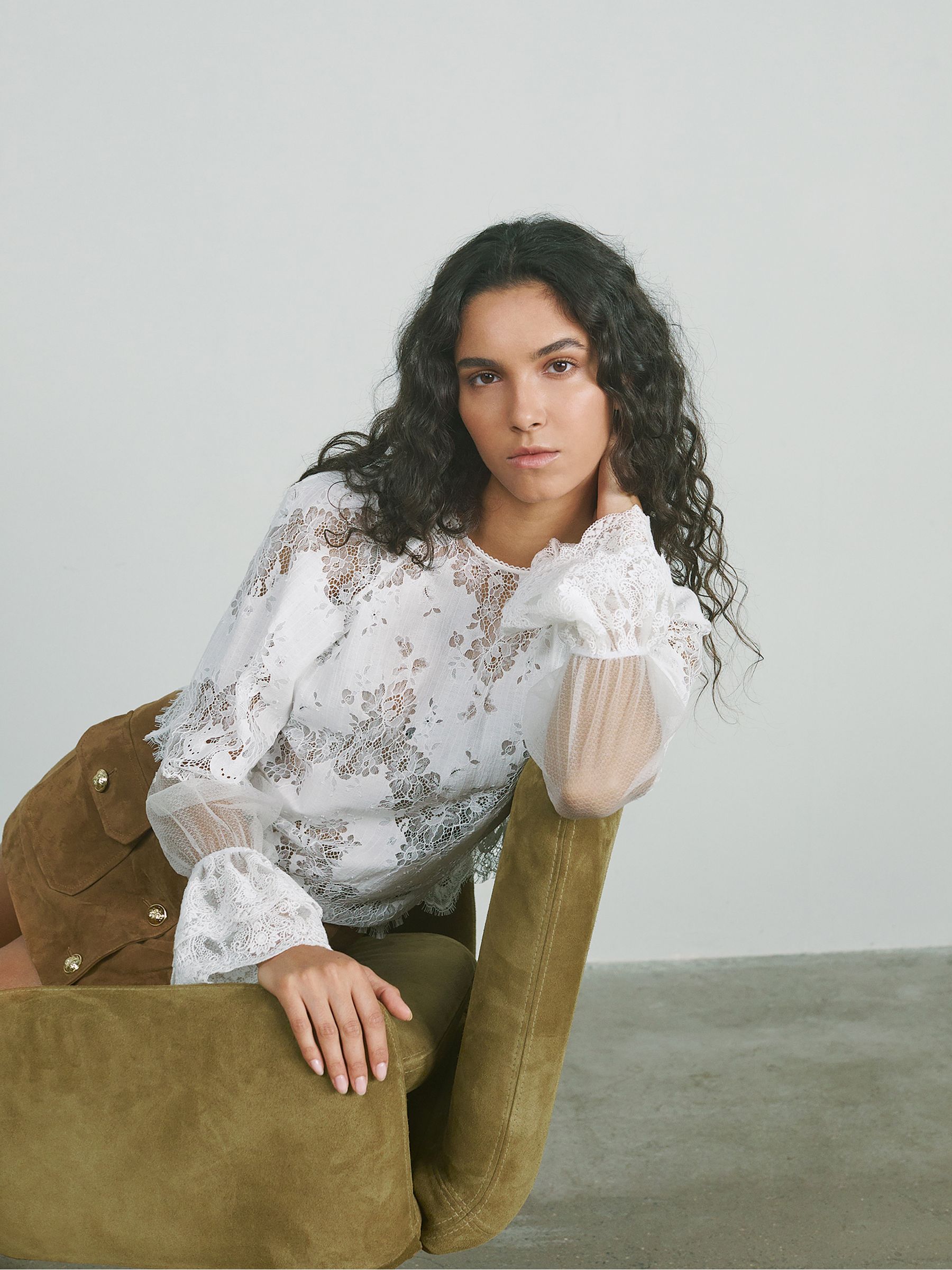 Lace Flared-Cuff Blouse in Ivory - Image 3 of 8