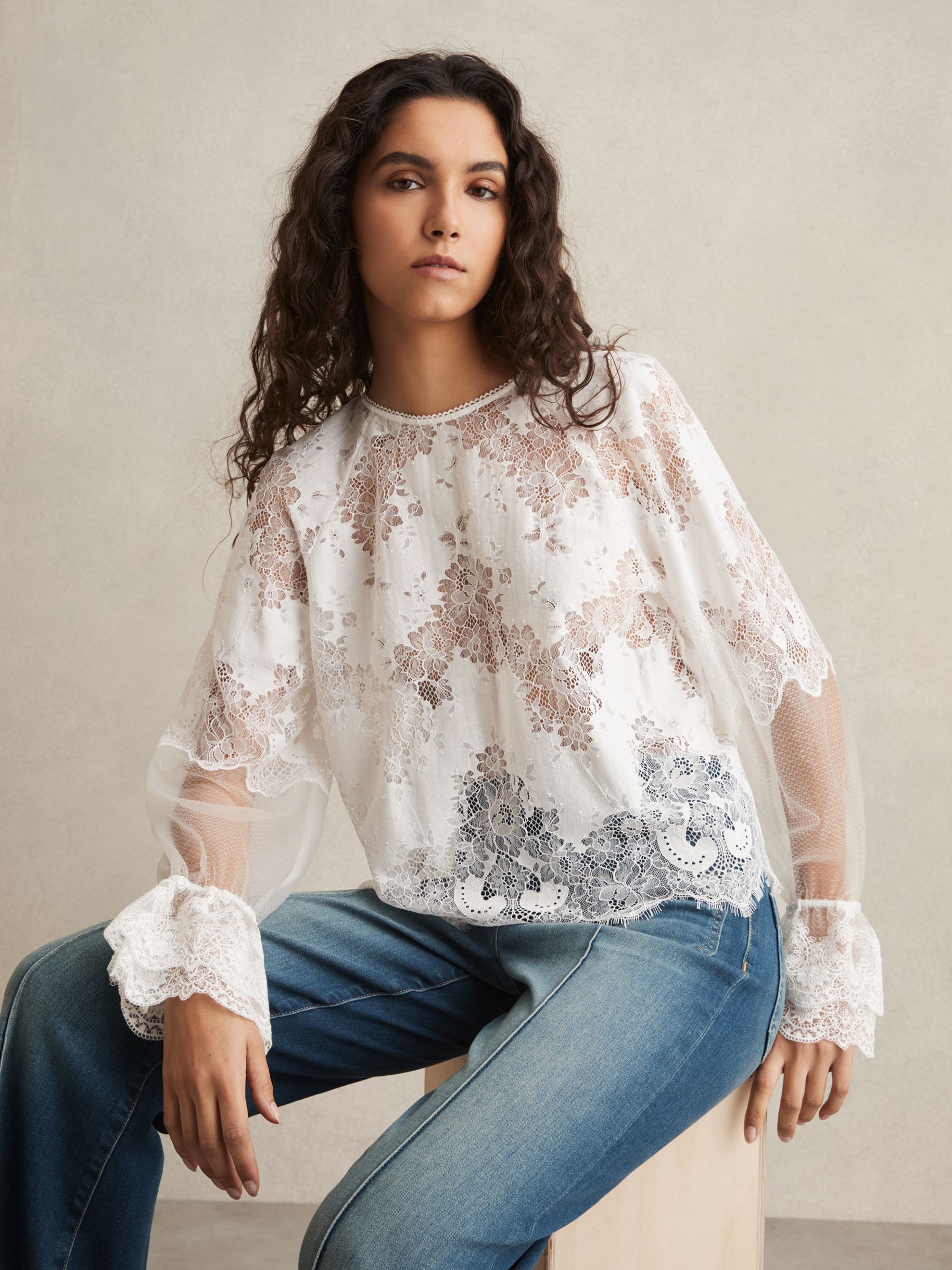Lace Flared-Cuff Blouse in Ivory - Image 4 of 8