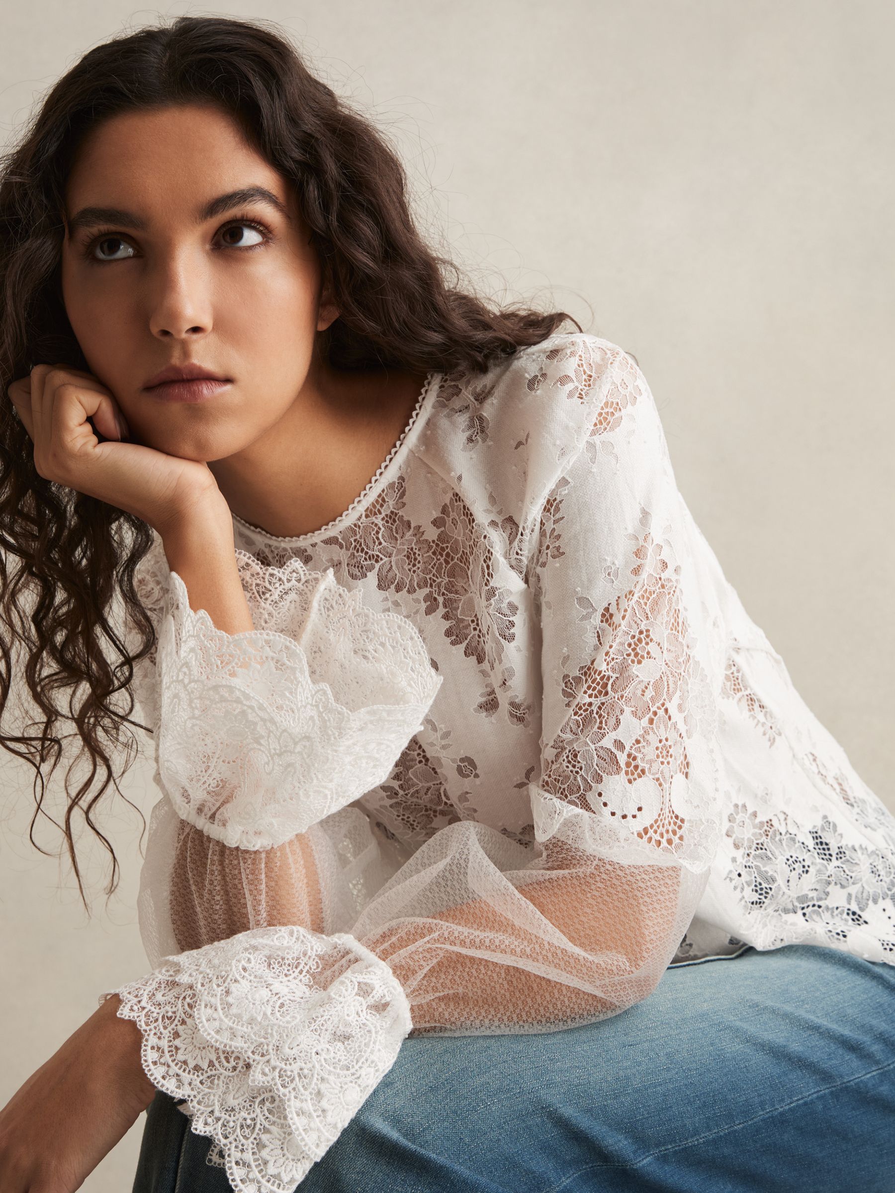 大人気！【AMERI】UNDRESSED LACE CUFFS BLOUSE Buy Reiss Chocolate Brown Emilia Lace Flared Cuff Blouse from Next USA