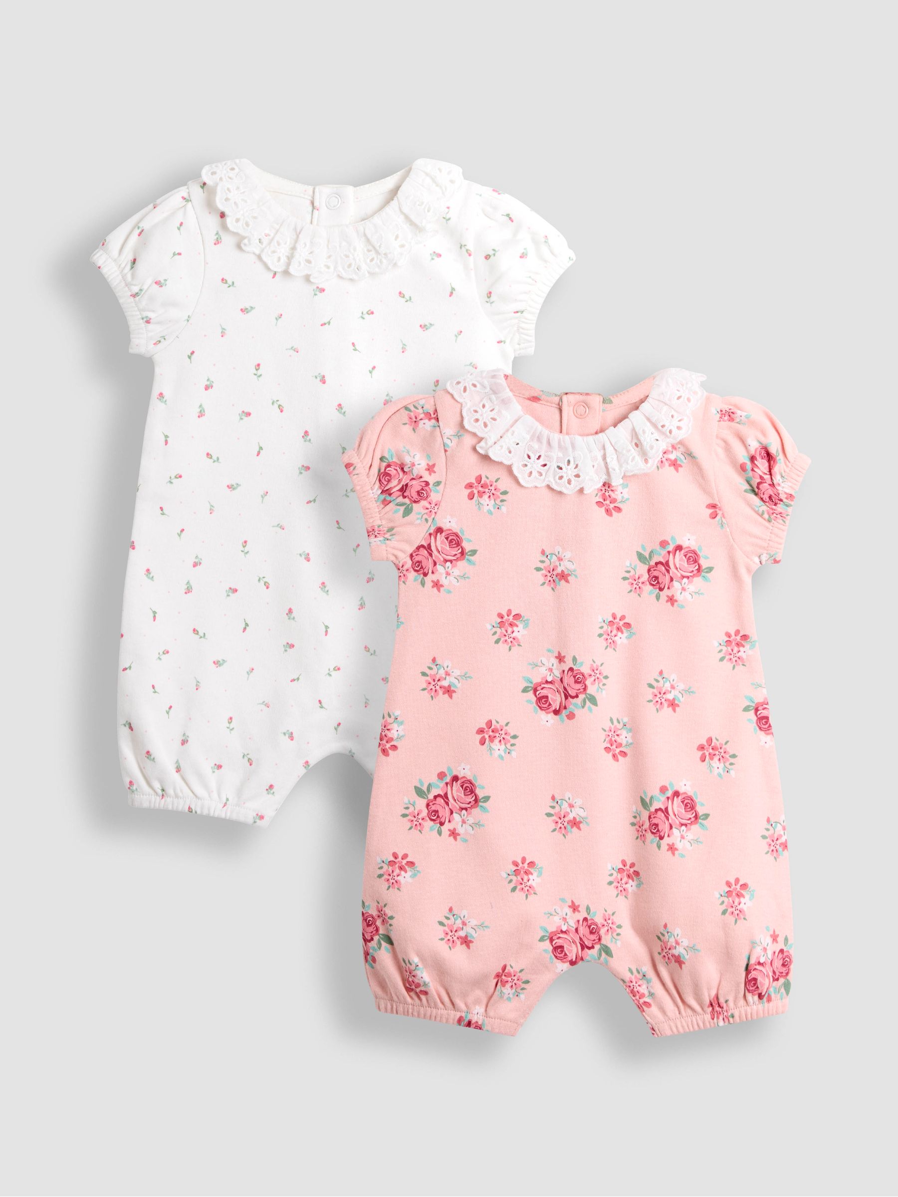 Pink Floral 2 Pack Broderie Collar Rompers - Image 1 of 5