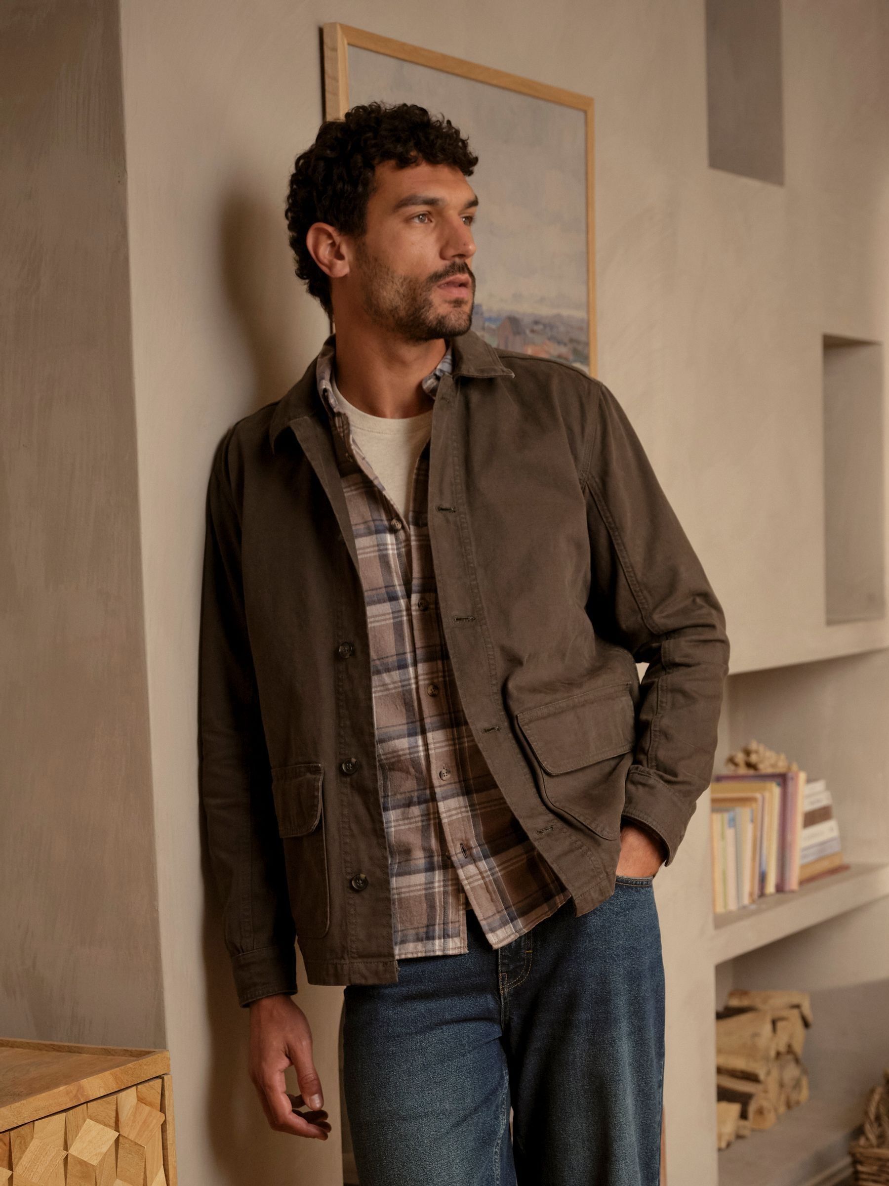 ジャケット・アウター JOURNAL STANDARD SHORT MODS GARMENT DYE Khaki Green Washed Canvas Garment Dye Chore Jacket | FatFace USA