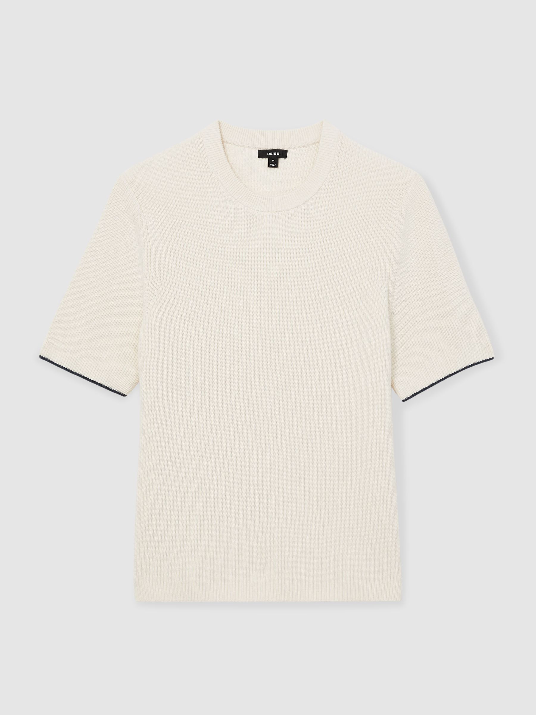 Rib Knit Tipped T-Shirt in Off White/Navy - Image 2 of 7