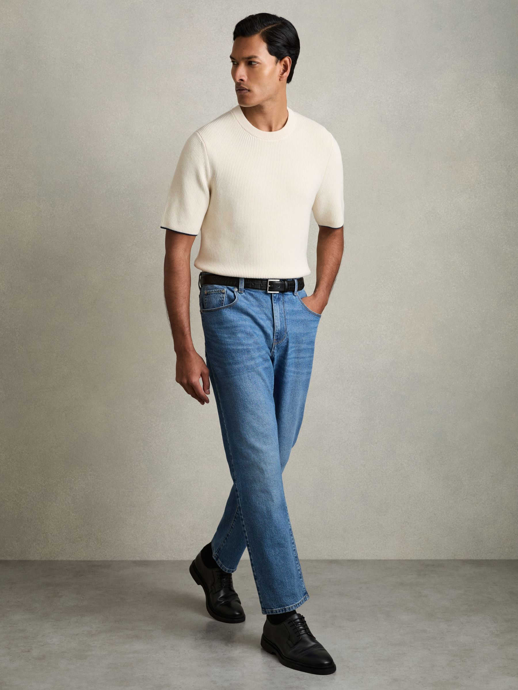 Rib Knit Tipped T-Shirt in Off White/Navy - Image 3 of 7