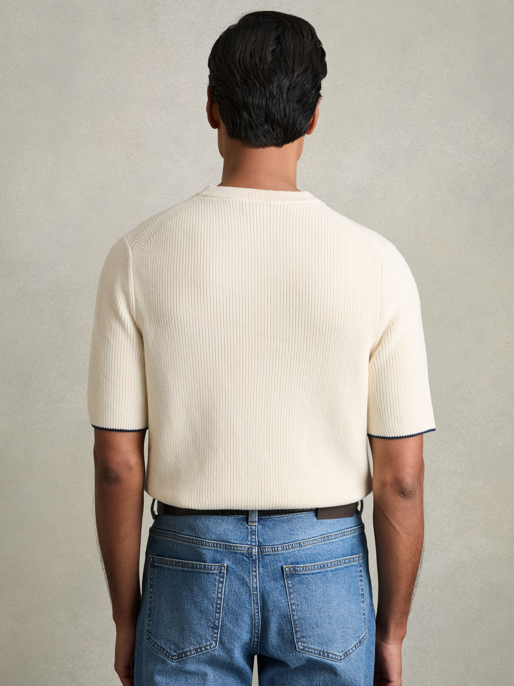 Rib Knit Tipped T-Shirt in Off White/Navy - Image 5 of 7