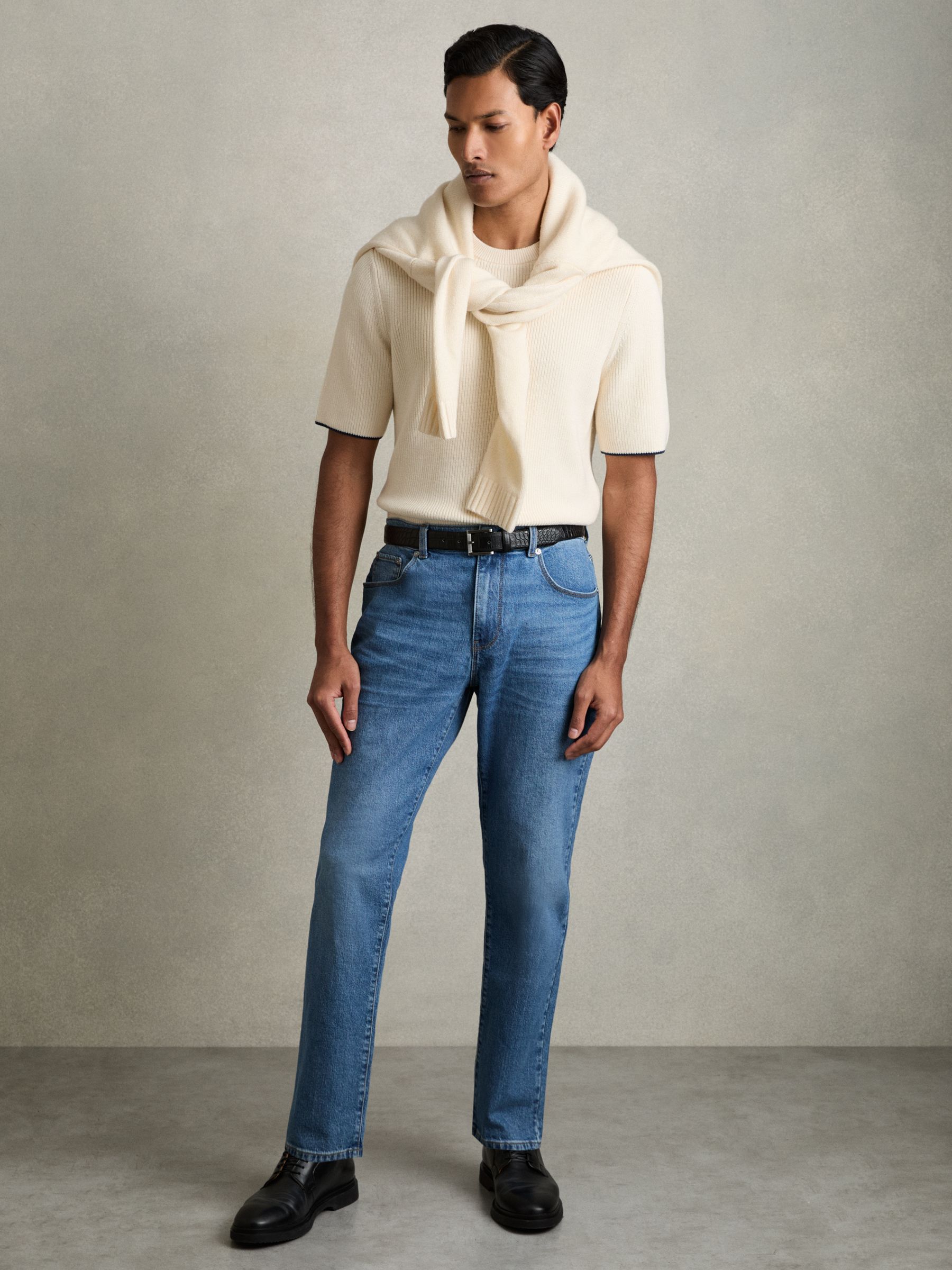 Rib Knit Tipped T-Shirt in Off White/Navy - Image 6 of 7